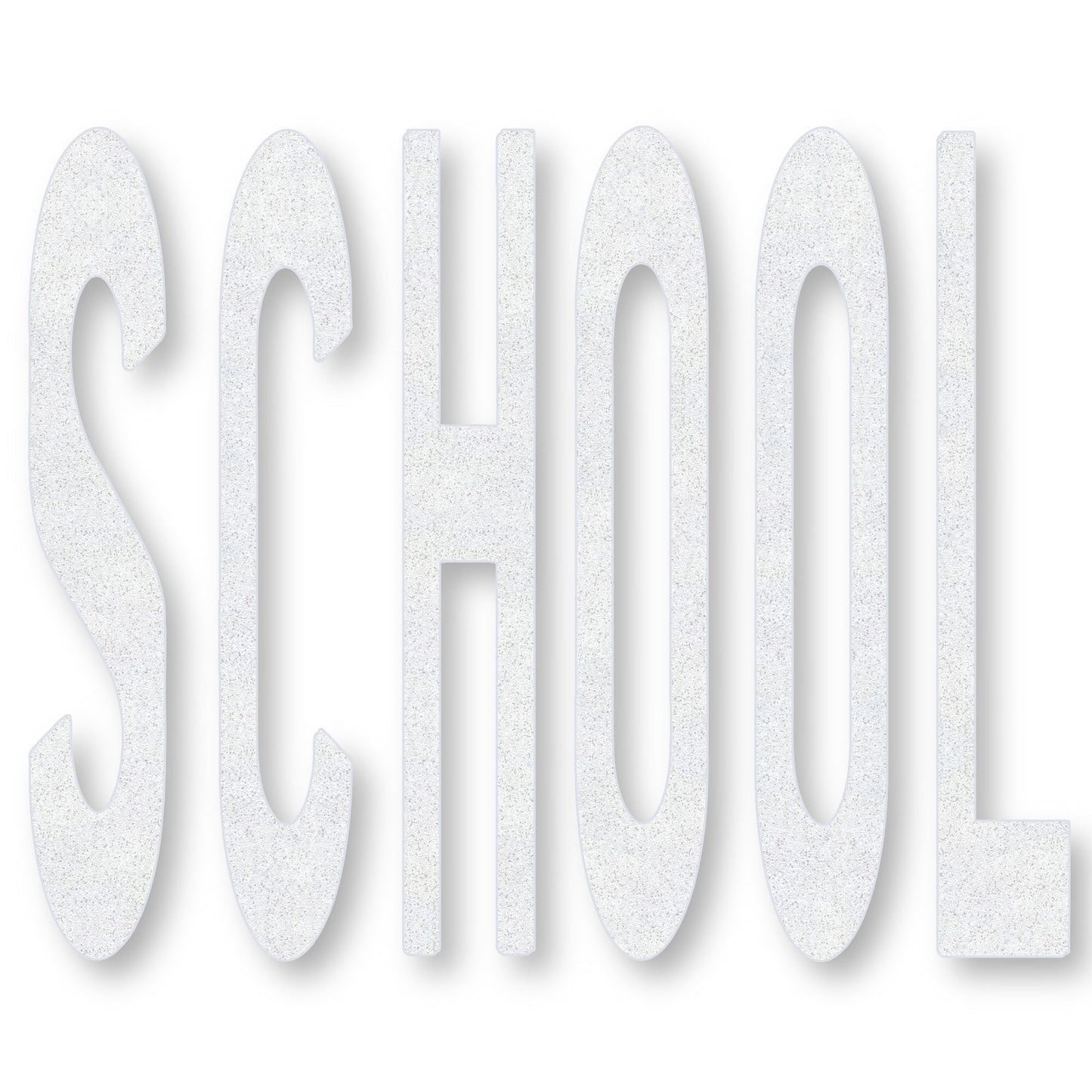 white preformed thermoplastic word SCHOOL in caps in white