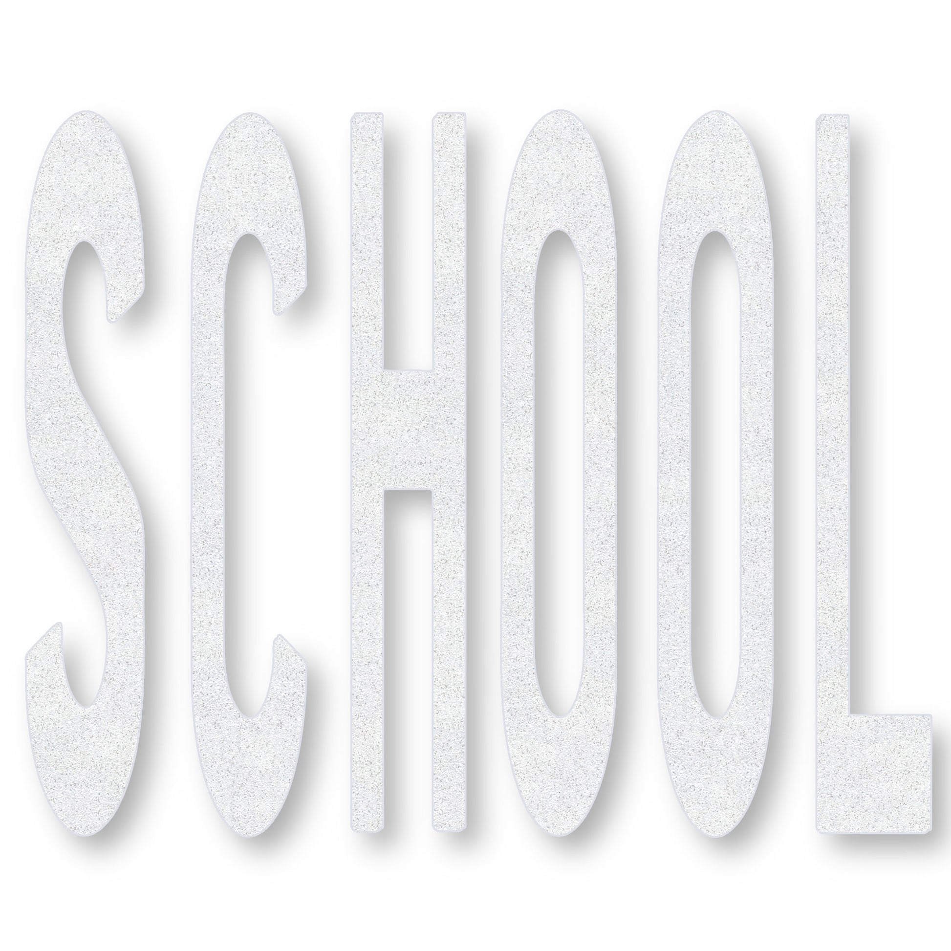 white preformed thermoplastic word SCHOOL in caps in white