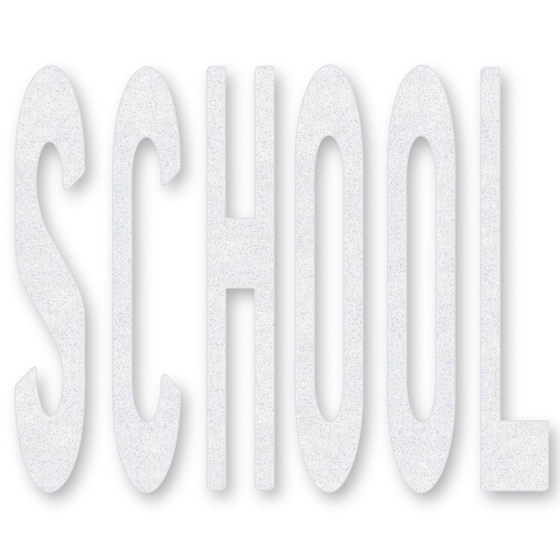 white preformed thermoplastic word SCHOOL in caps in white