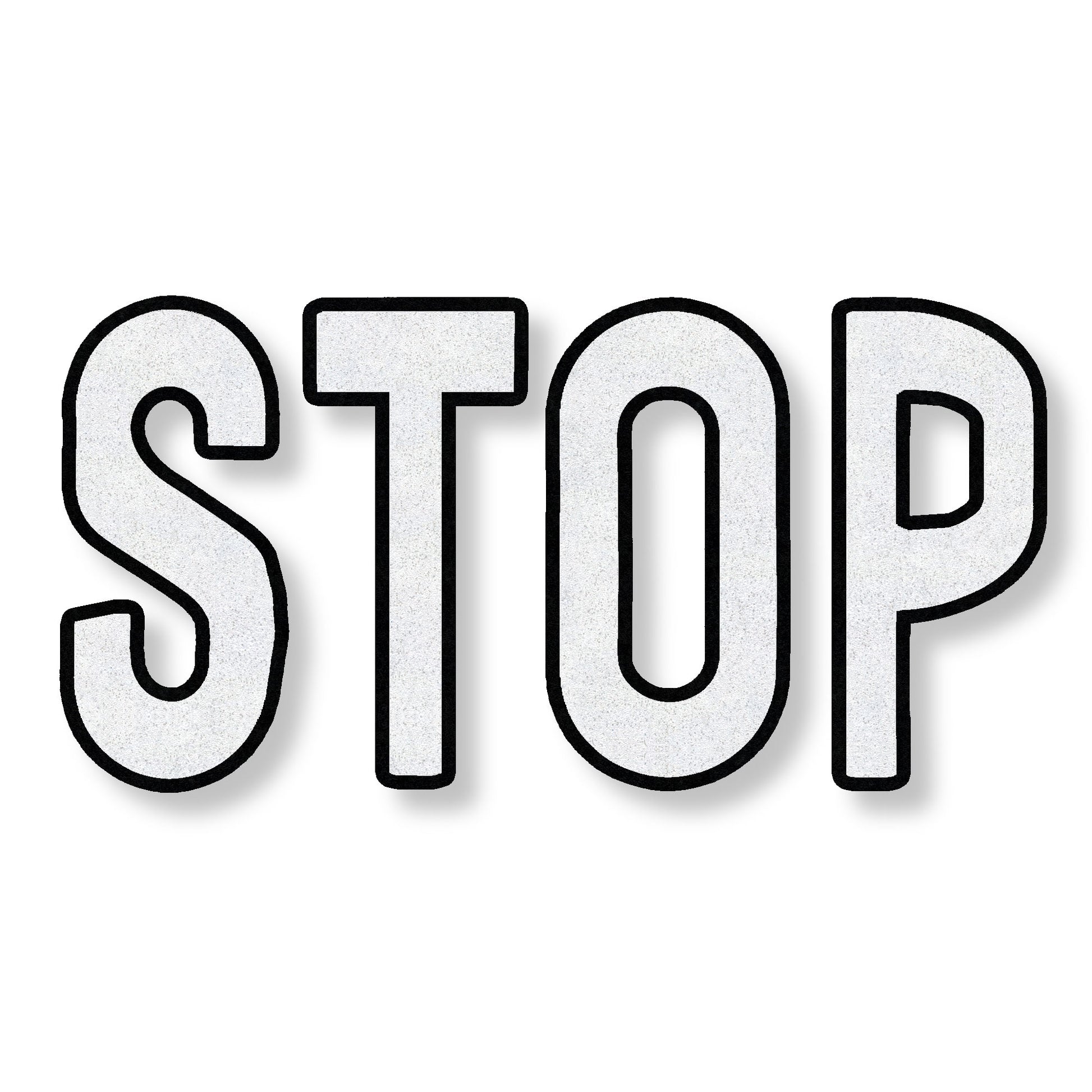 preformed thermoplastic STOP in all caps in white with a black border