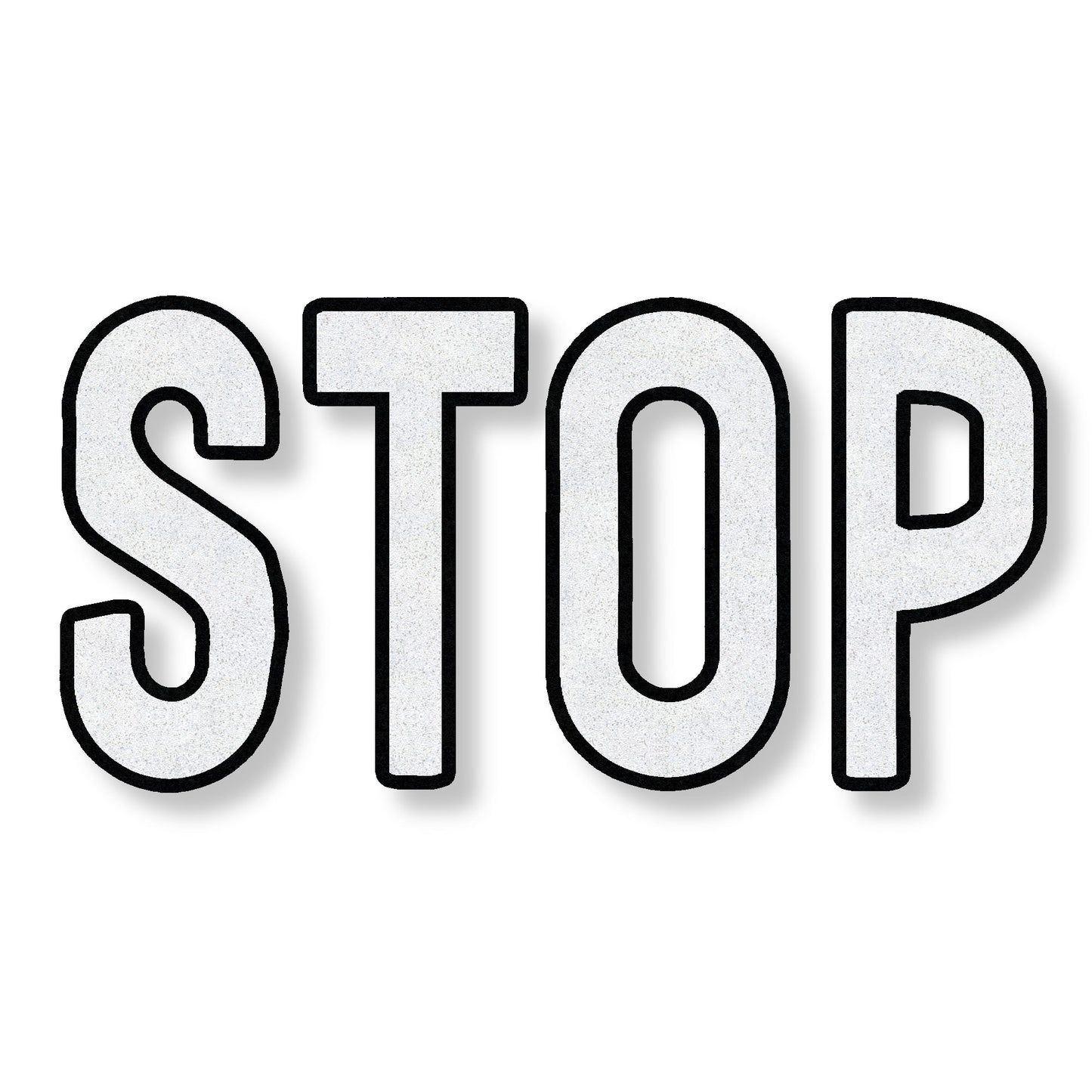 preformed thermoplastic STOP in all caps in white with a black border