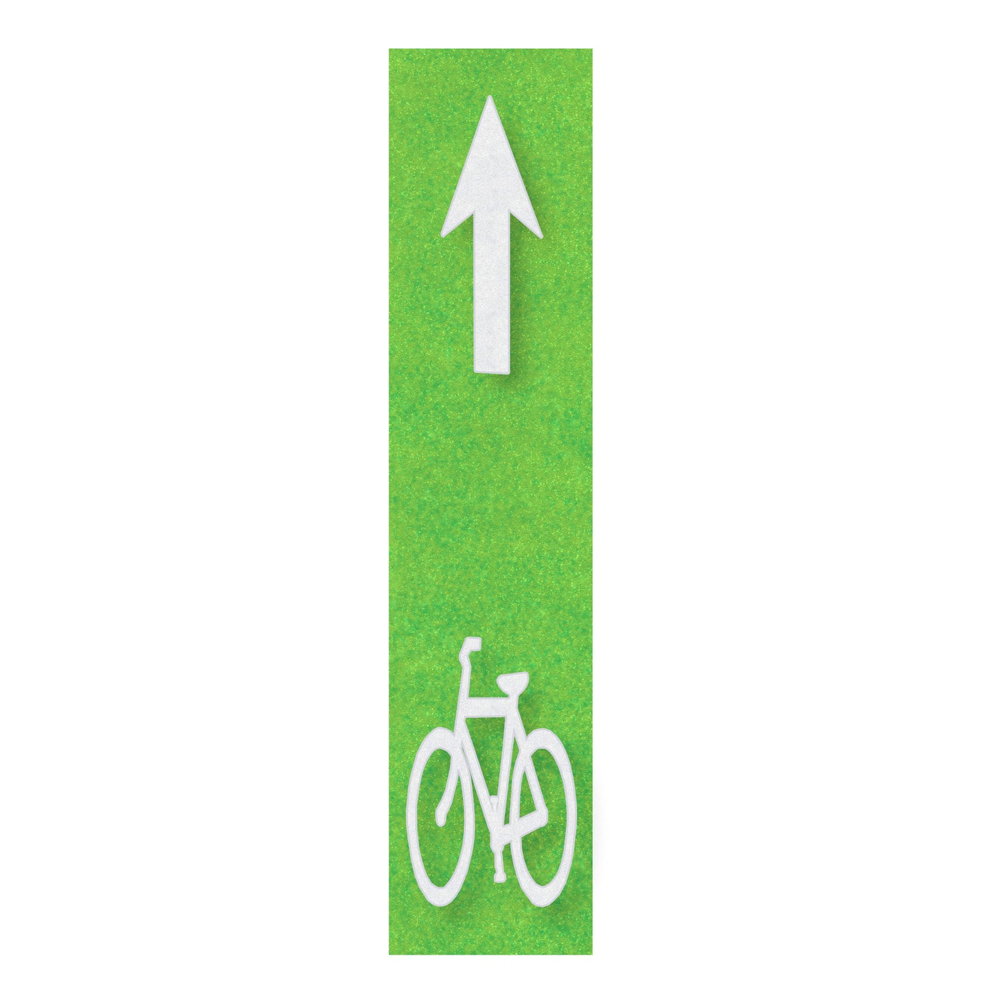 A preformed thermoplastic white straight arrow and bicycle symbol on a green rectangle