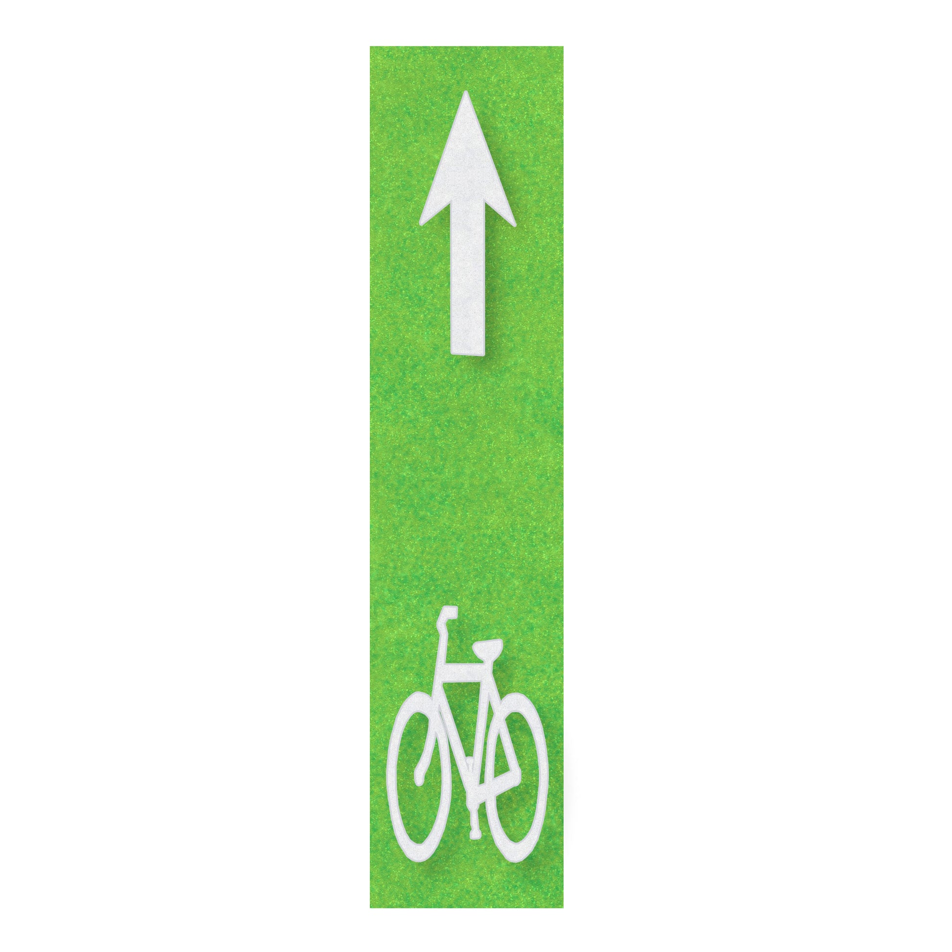 A preformed thermoplastic white straight arrow and bicycle symbol on a green rectangle