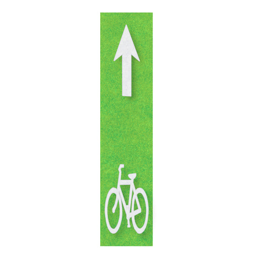 A preformed thermoplastic white straight arrow and bicycle symbol on a green rectangle