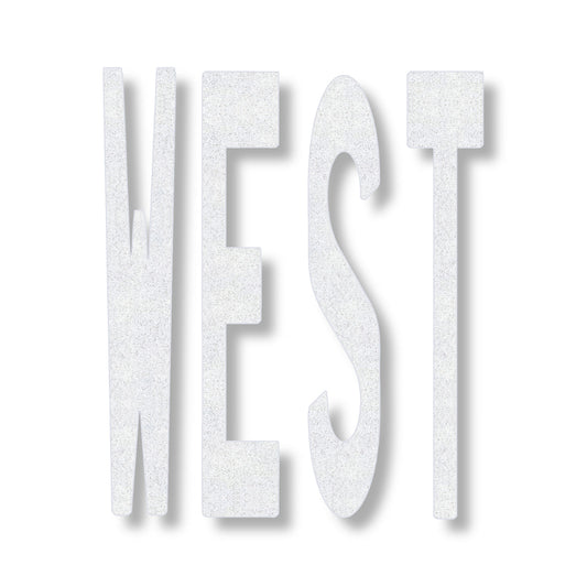 preformed thermoplastic WEST in all caps in white
