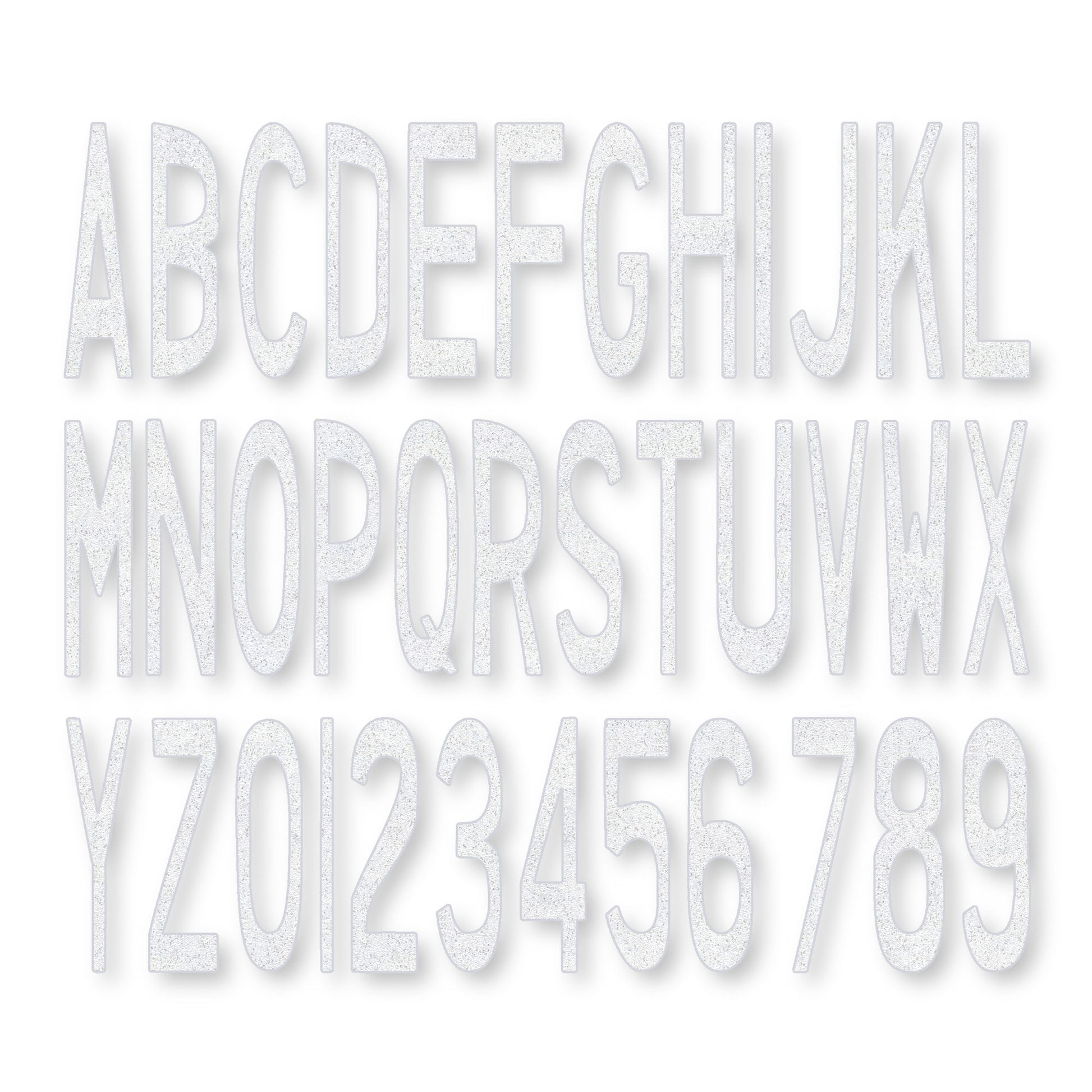 Capital alphabet and numbers 0 through 9 in white
