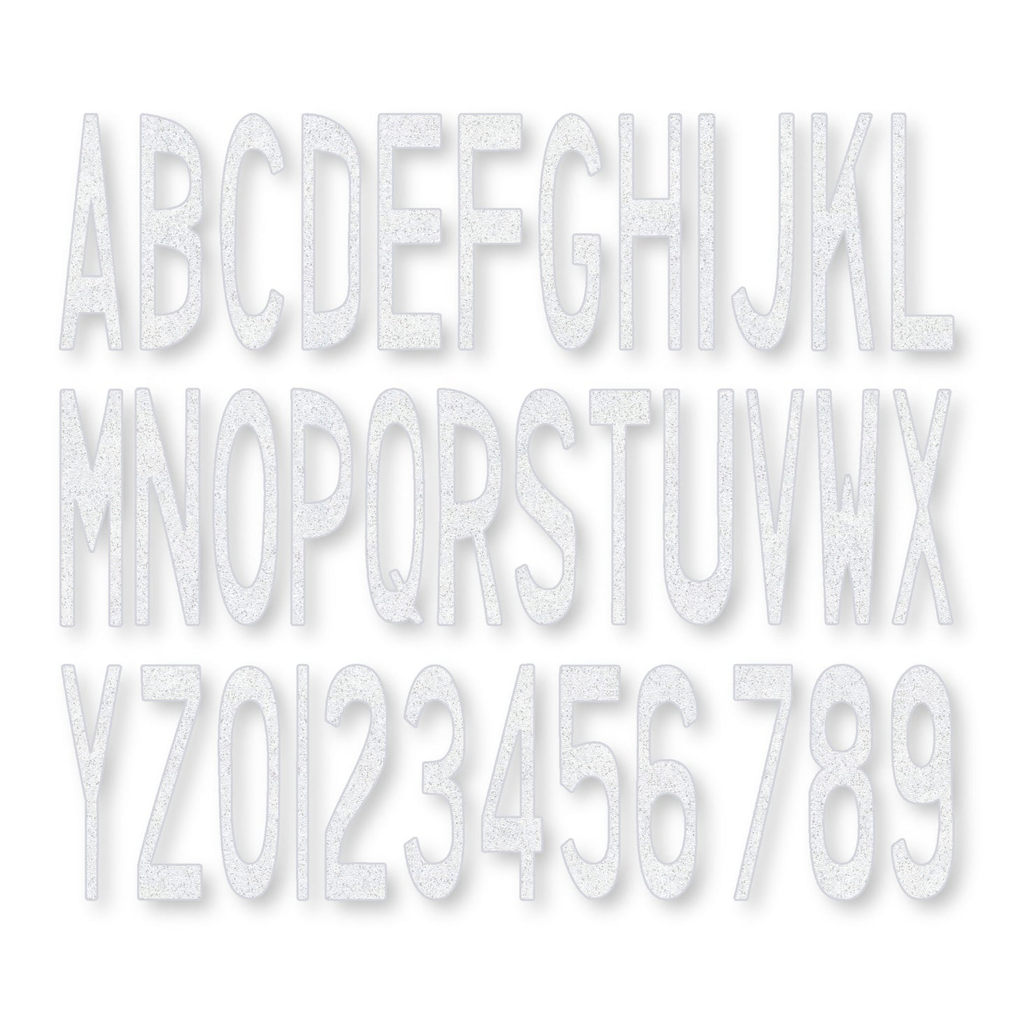 Capital alphabet and numbers 0 through 9 in white