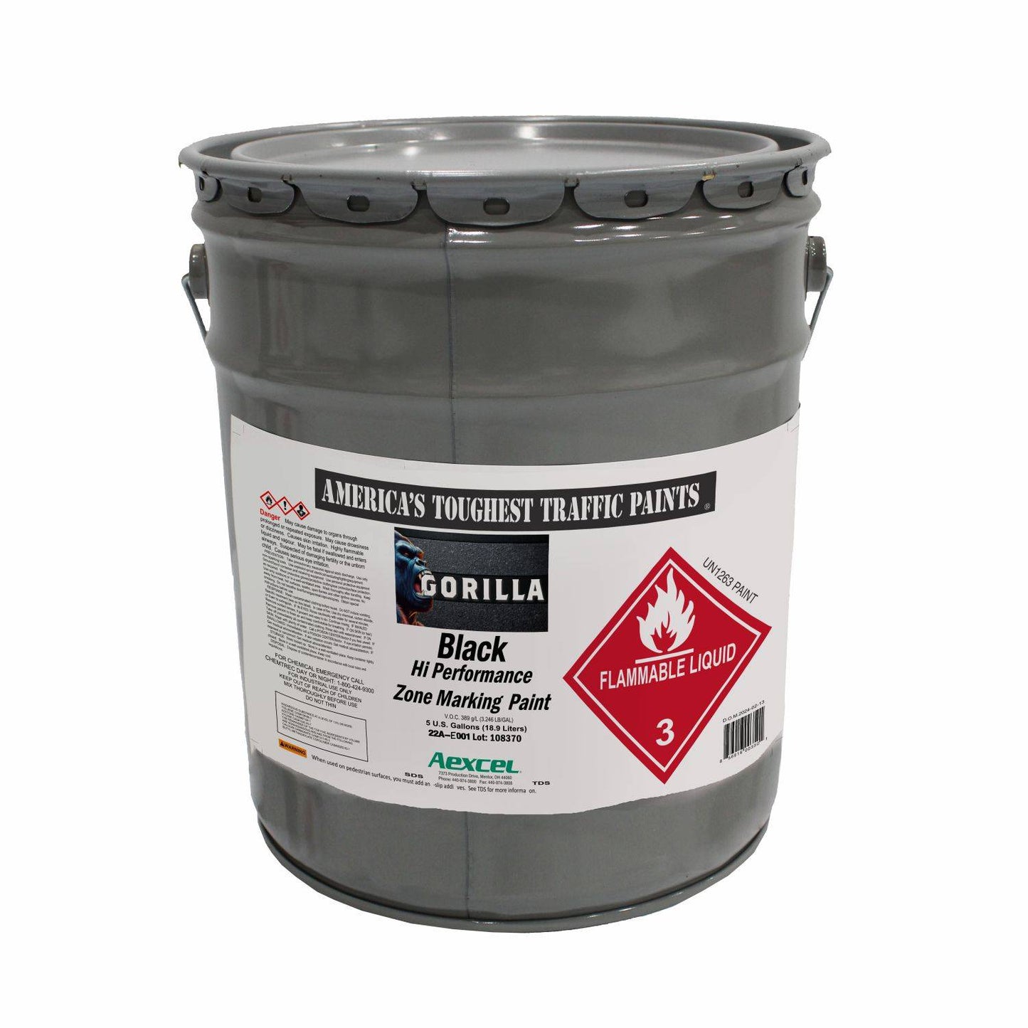 Gorilla black solvent-borne acrylic zone marking paint in a gray metal pail with flammable liquid warning label, shown on a transparent background.