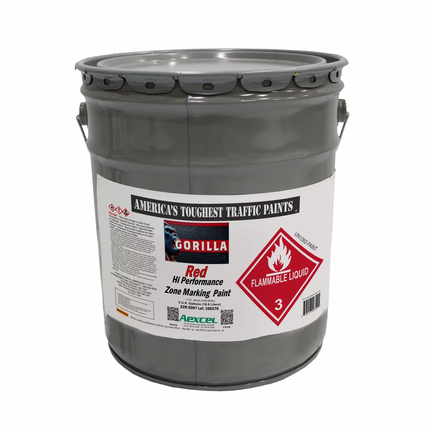 Gorilla red solvent-borne acrylic zone marking paint in a gray metal pail with flammable liquid warning label, shown on a transparent background.