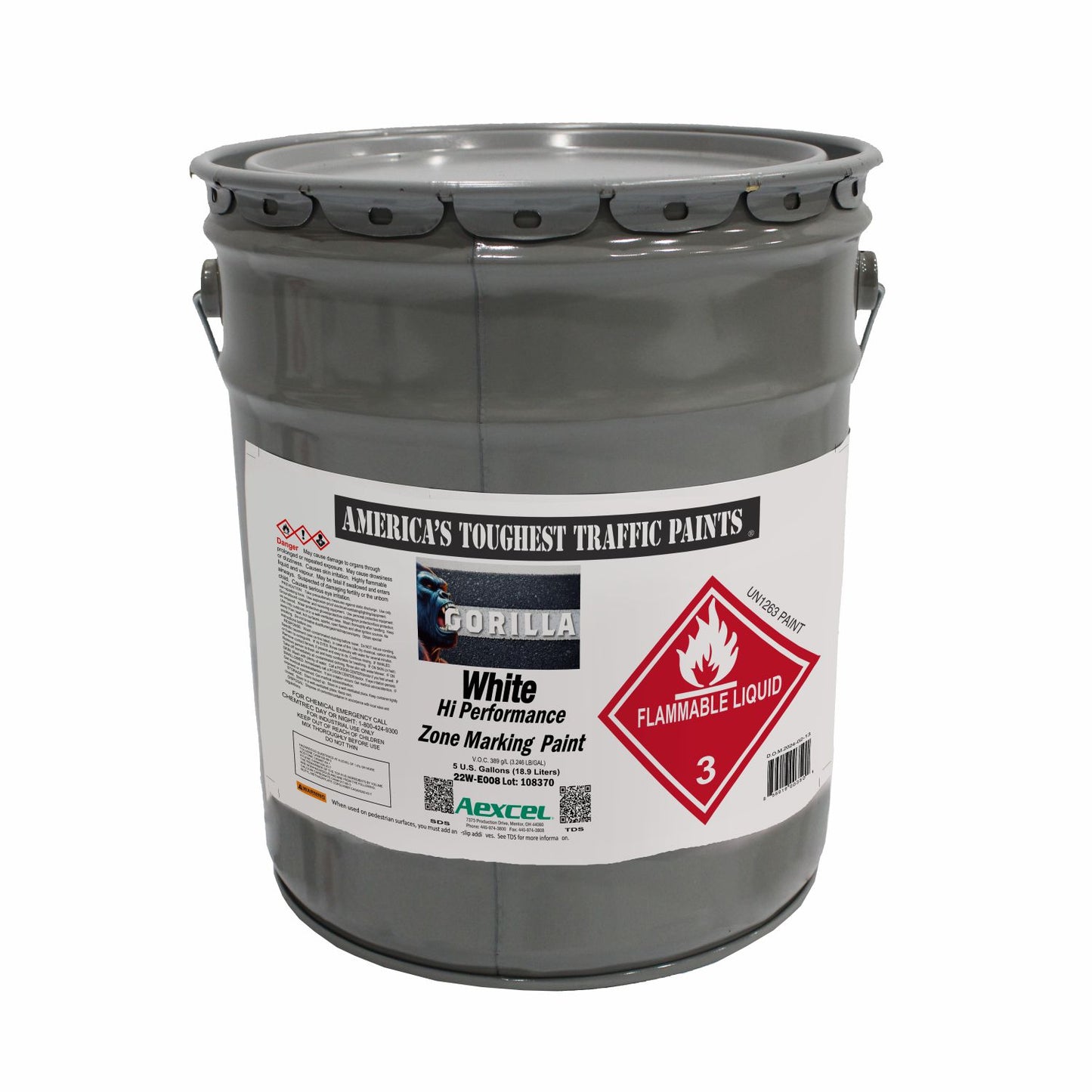 Gorilla white solvent-borne acrylic zone marking paint in a gray metal pail with flammable liquid warning label, shown on a transparent background.