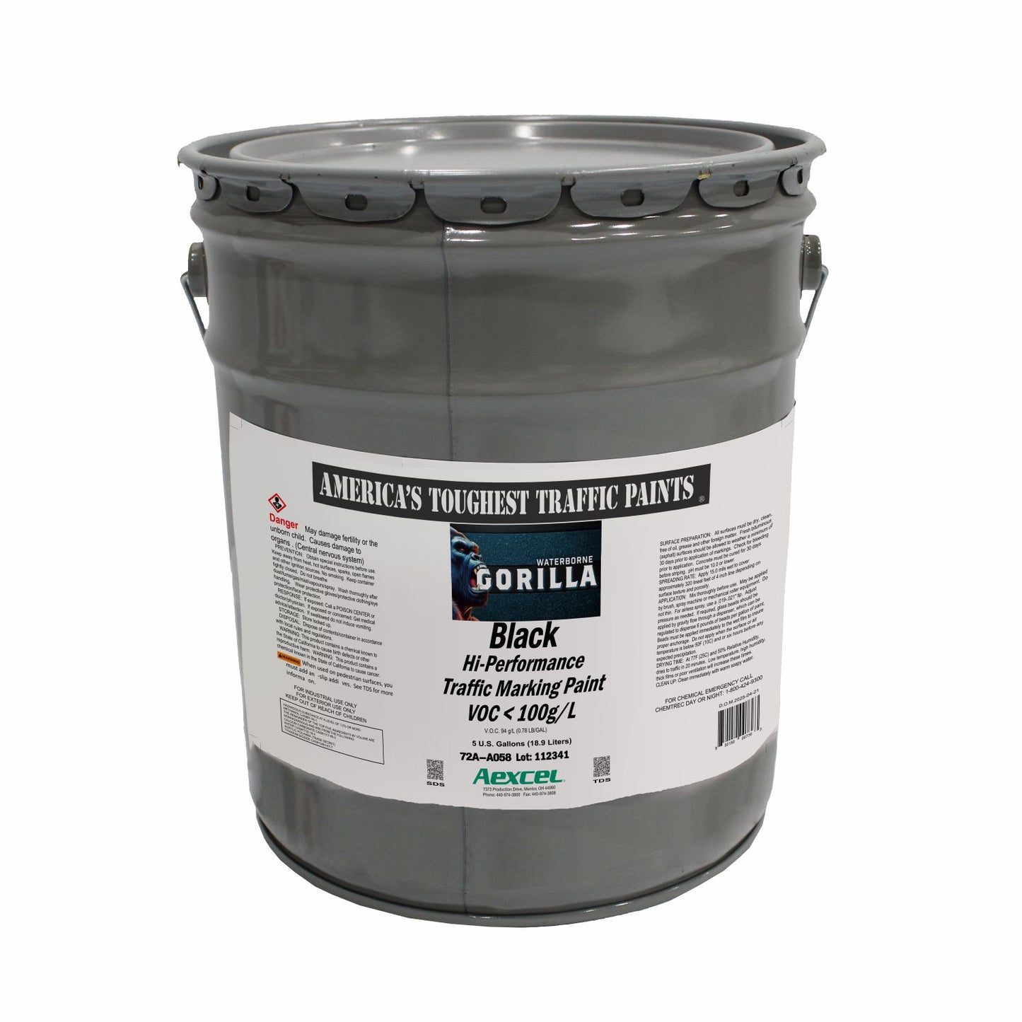 Gorilla black waterborne hi-performance traffic marking paint in a gray metal pail, shown on a white background.