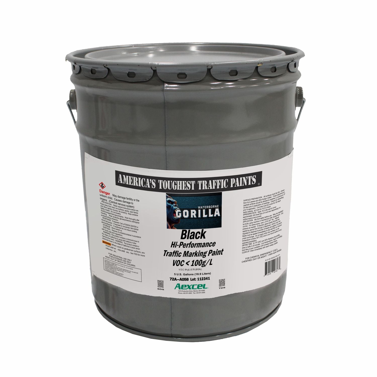 Gorilla black waterborne hi-performance traffic marking paint in a gray metal pail, shown on a white background.