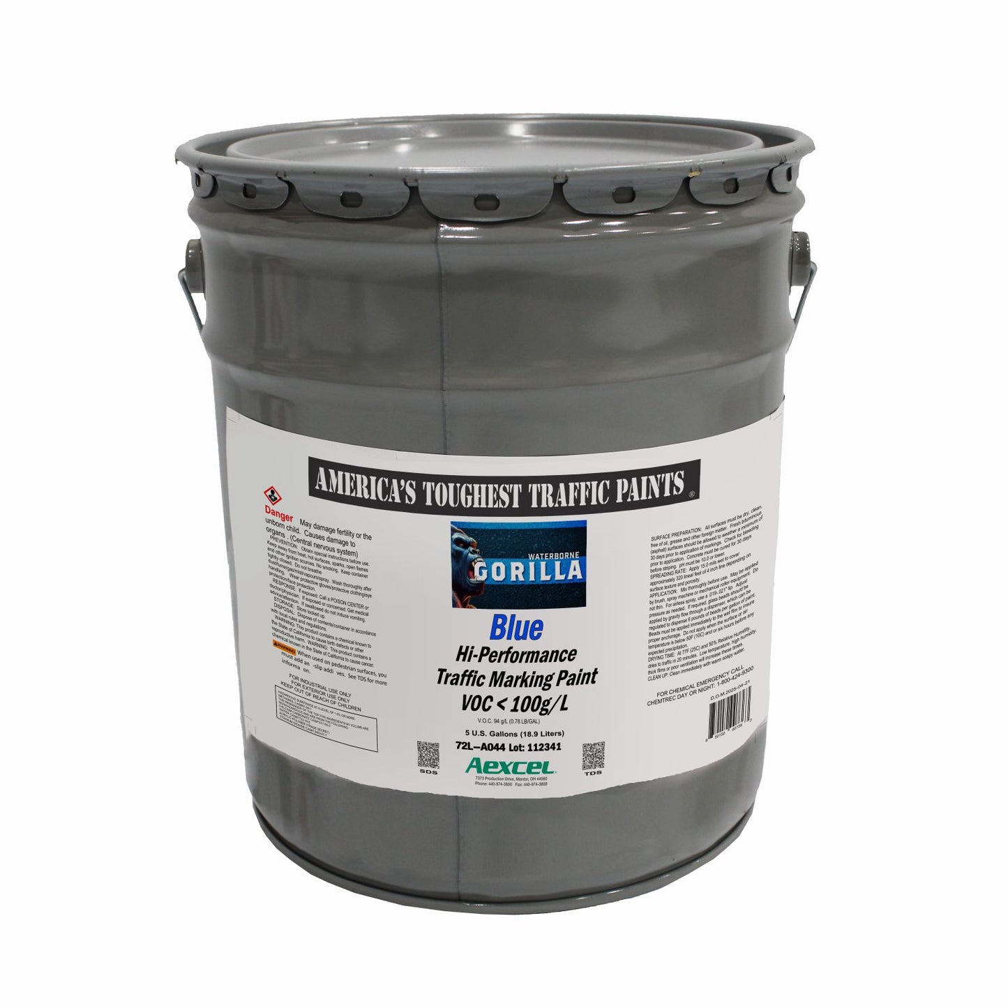 Gorilla blue waterborne hi-performance traffic marking paint in a gray metal pail, shown on a white background.