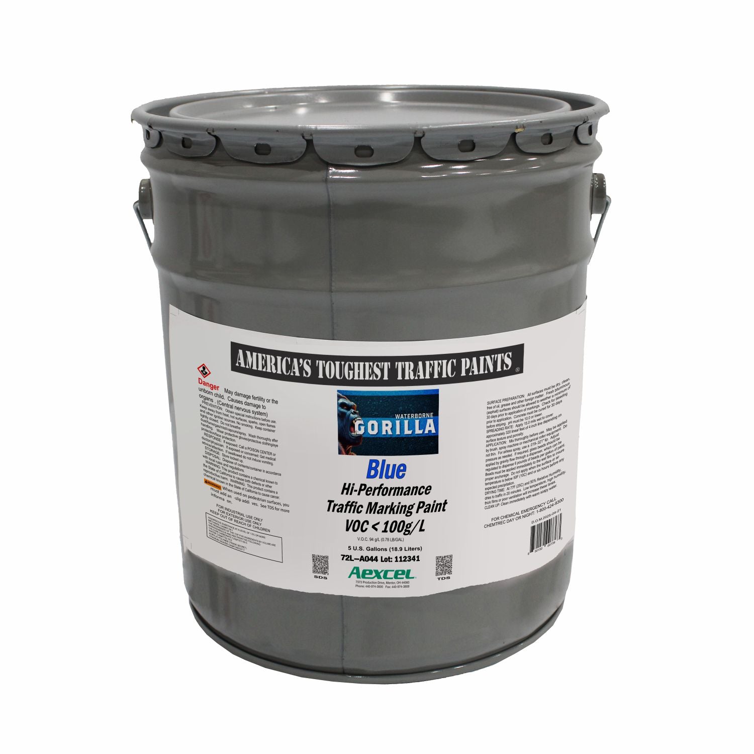 Gorilla blue waterborne hi-performance traffic marking paint in a gray metal pail, shown on a white background.