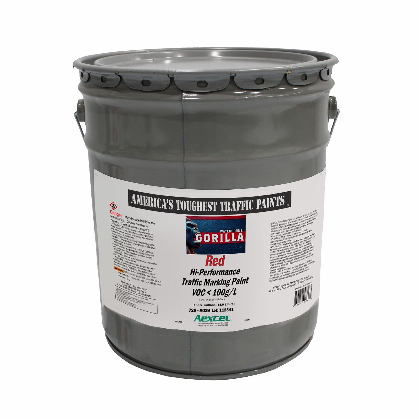 Gorilla red waterborne hi-performance traffic marking paint in a gray metal pail, shown on a white background.