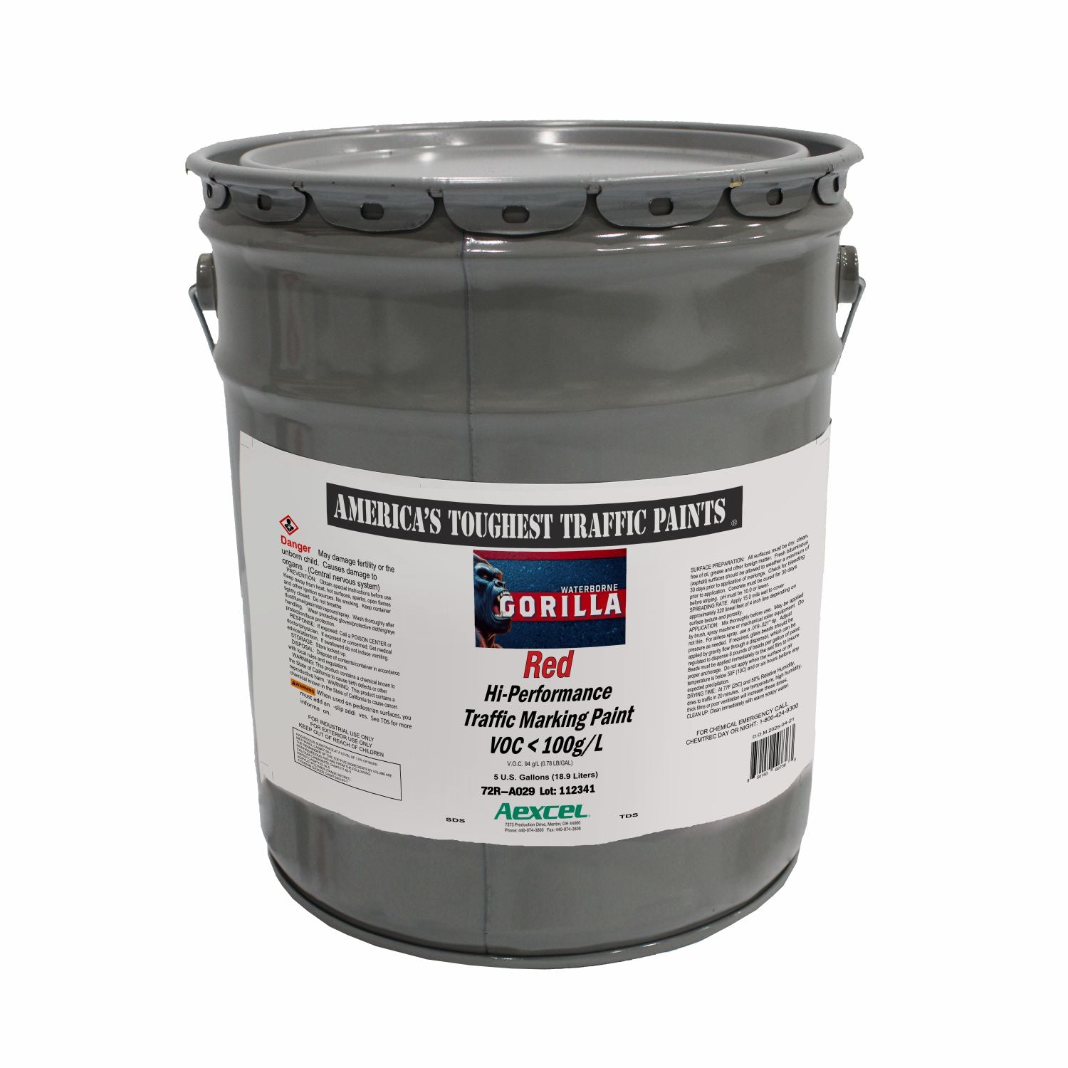 Gorilla red waterborne hi-performance traffic marking paint in a gray metal pail, shown on a white background.