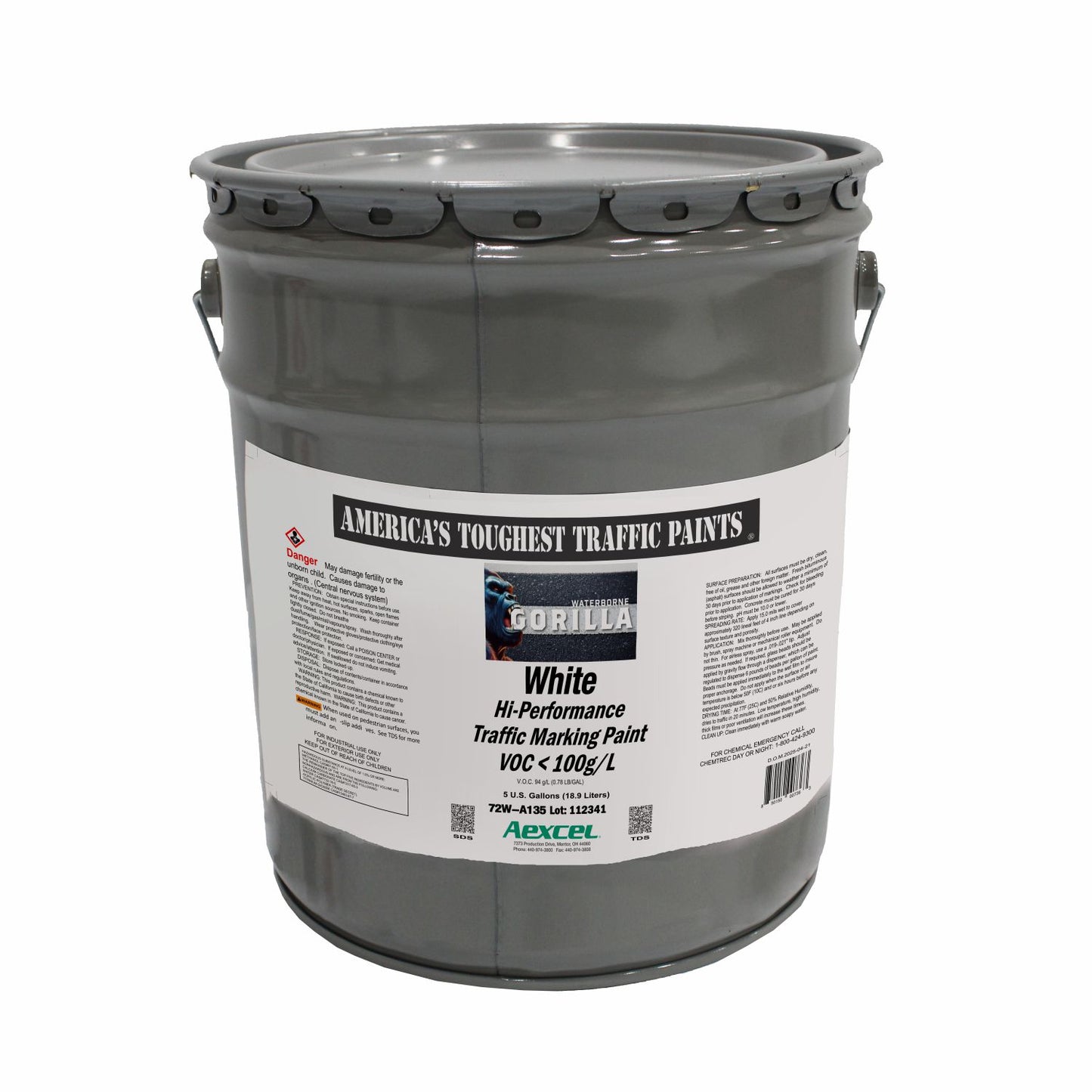 Gorilla white waterborne hi-performance traffic marking paint in a gray metal pail, shown on a white background.