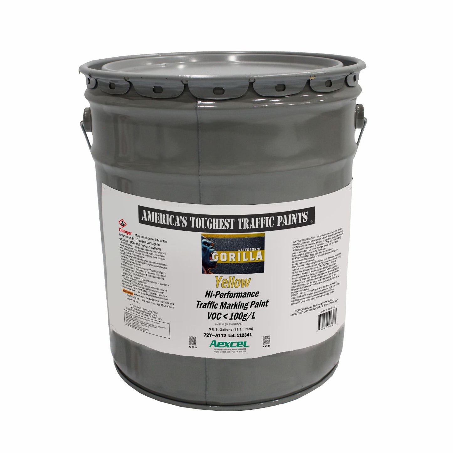 Gorilla yellow waterborne hi-performance traffic marking paint in a gray metal pail, shown on a white background.