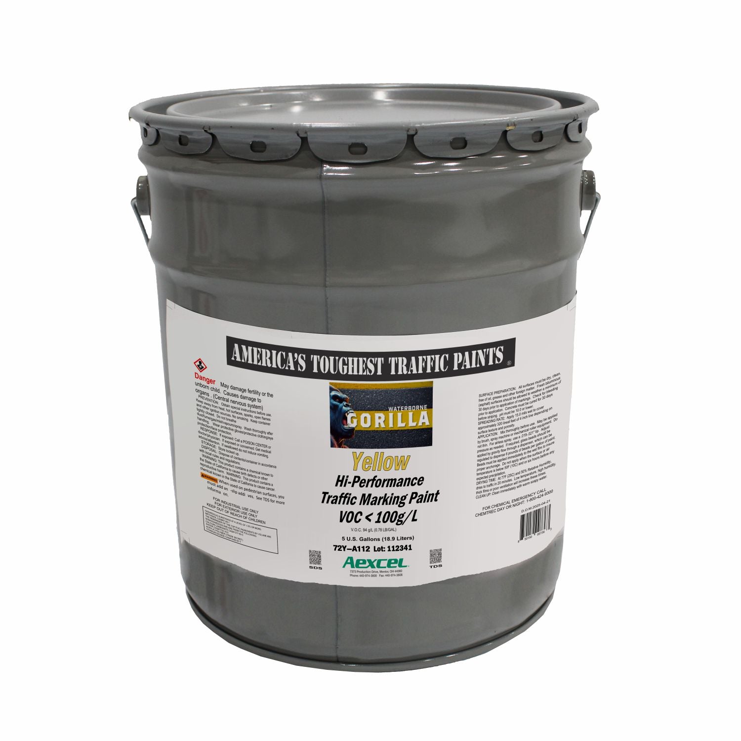Gorilla yellow waterborne hi-performance traffic marking paint in a gray metal pail, shown on a white background.