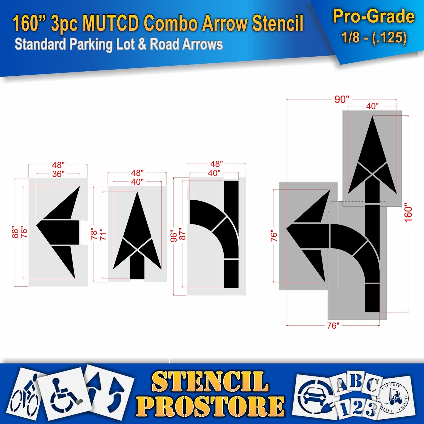 160 Inch 3pc MUTCD Combo Arrow Stencil – Parking Lot and Highway Stencil