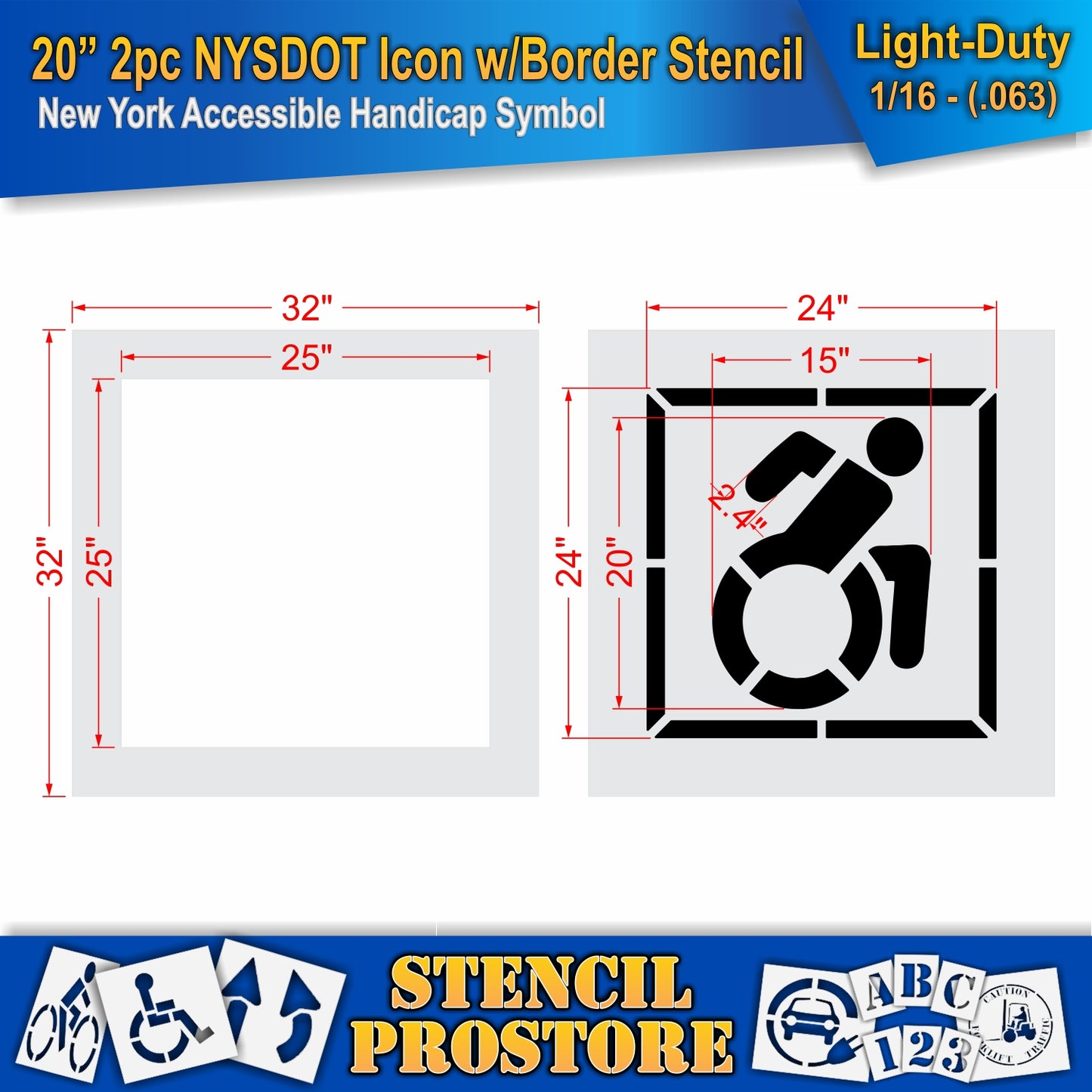 20 Inch 2pc NYSDOT Accessible Icon with Border and Background Pavement Stencil – ADA-Compliant Stencil for Parking Lots