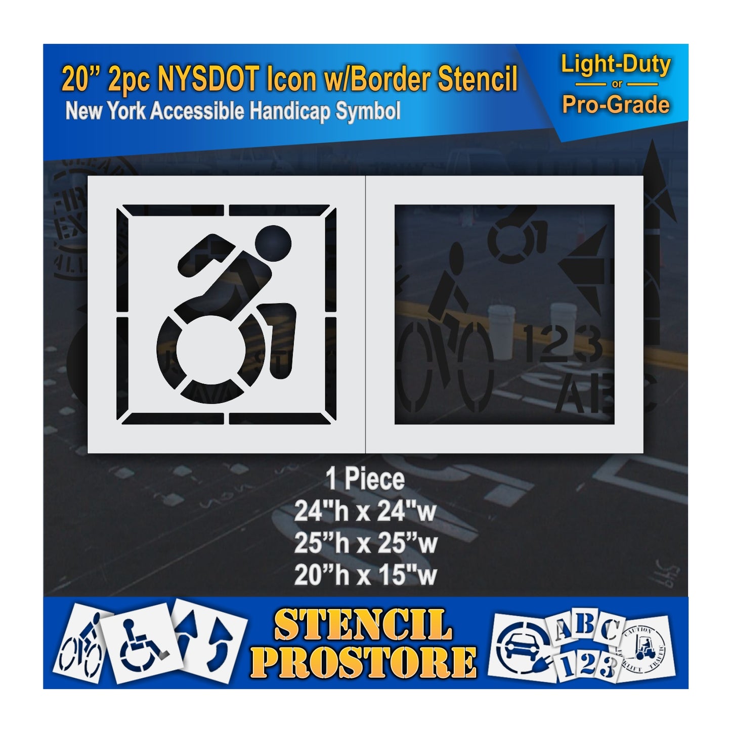 20 Inch 2pc NYSDOT Accessible Icon with Border and Background Pavement Stencil – ADA-Compliant Stencil for Parking Lots