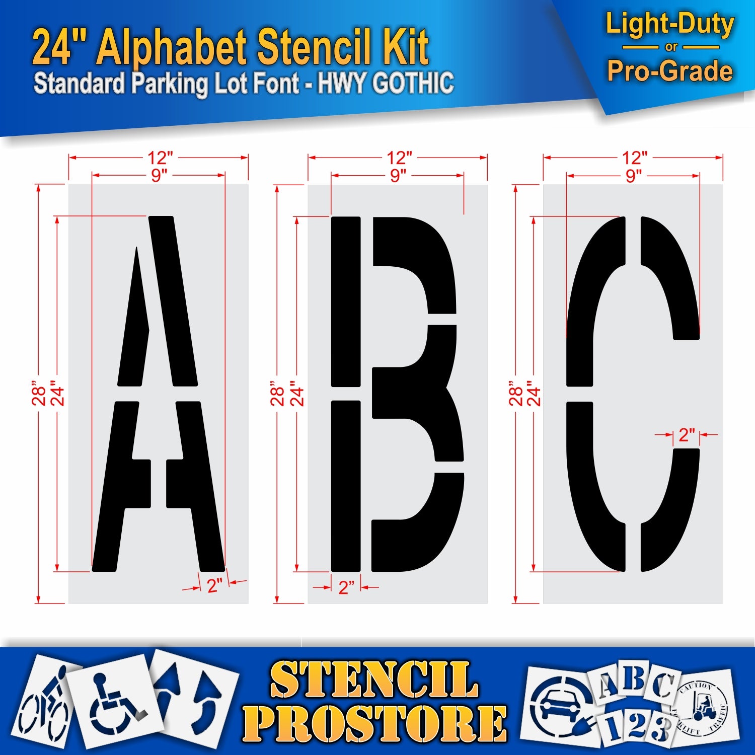 dimension image of 24" letters A, B, and C stencils