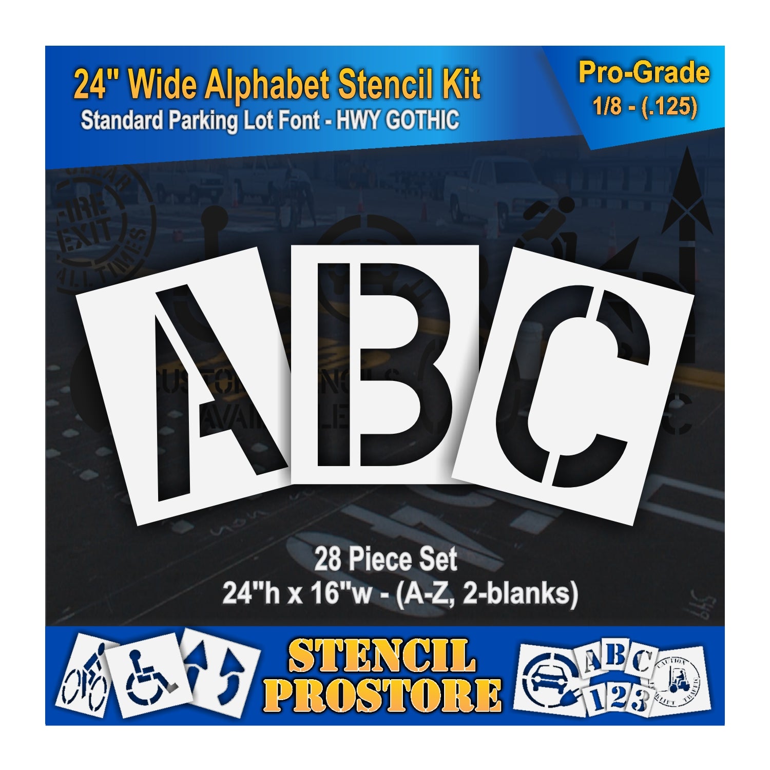 graphic image of 24" wide alphabet kit stencil. .125" material thickness