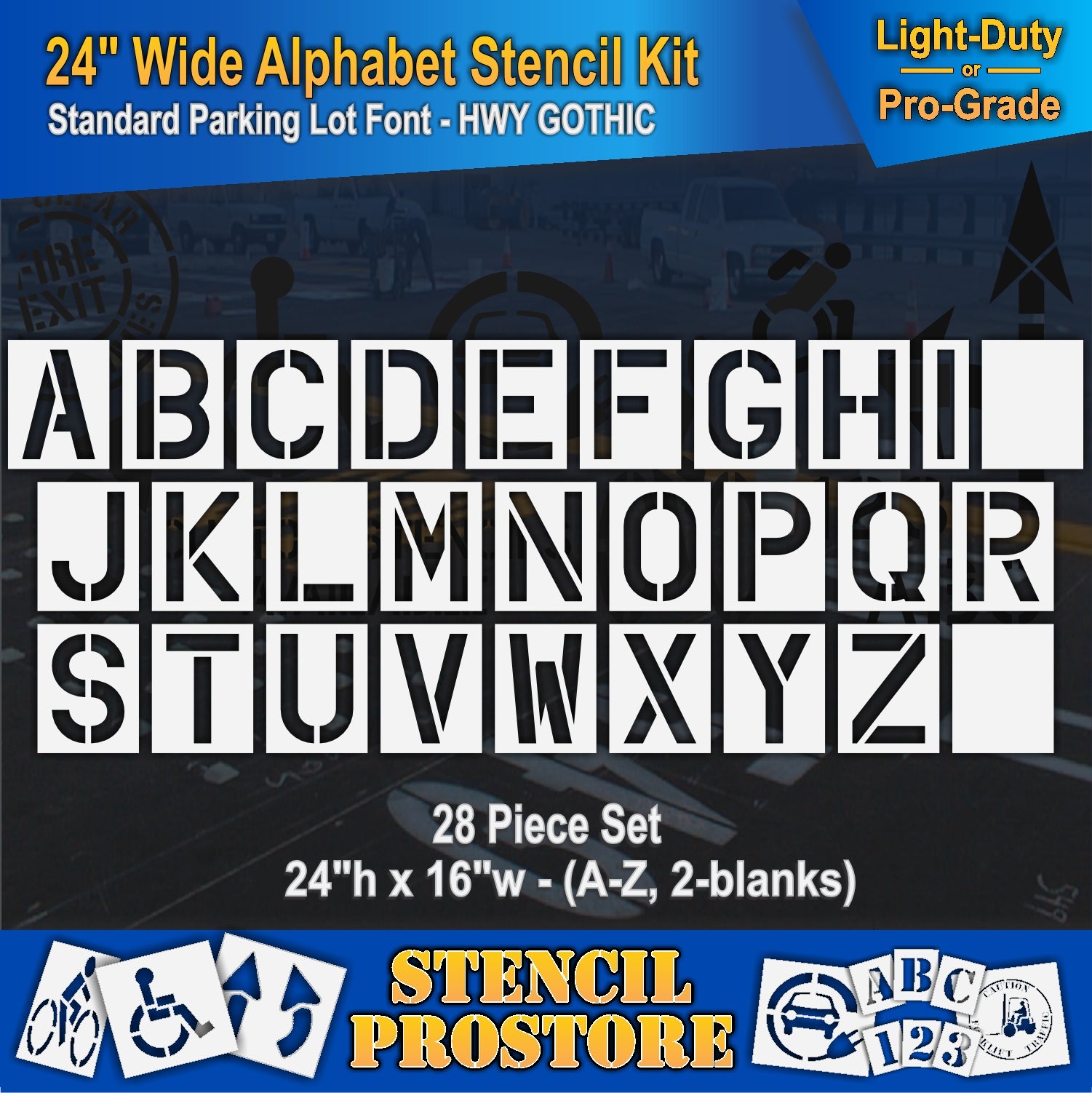 graphic image of 24" wide alphabet stencil kit full set A-Z with 2 blanks