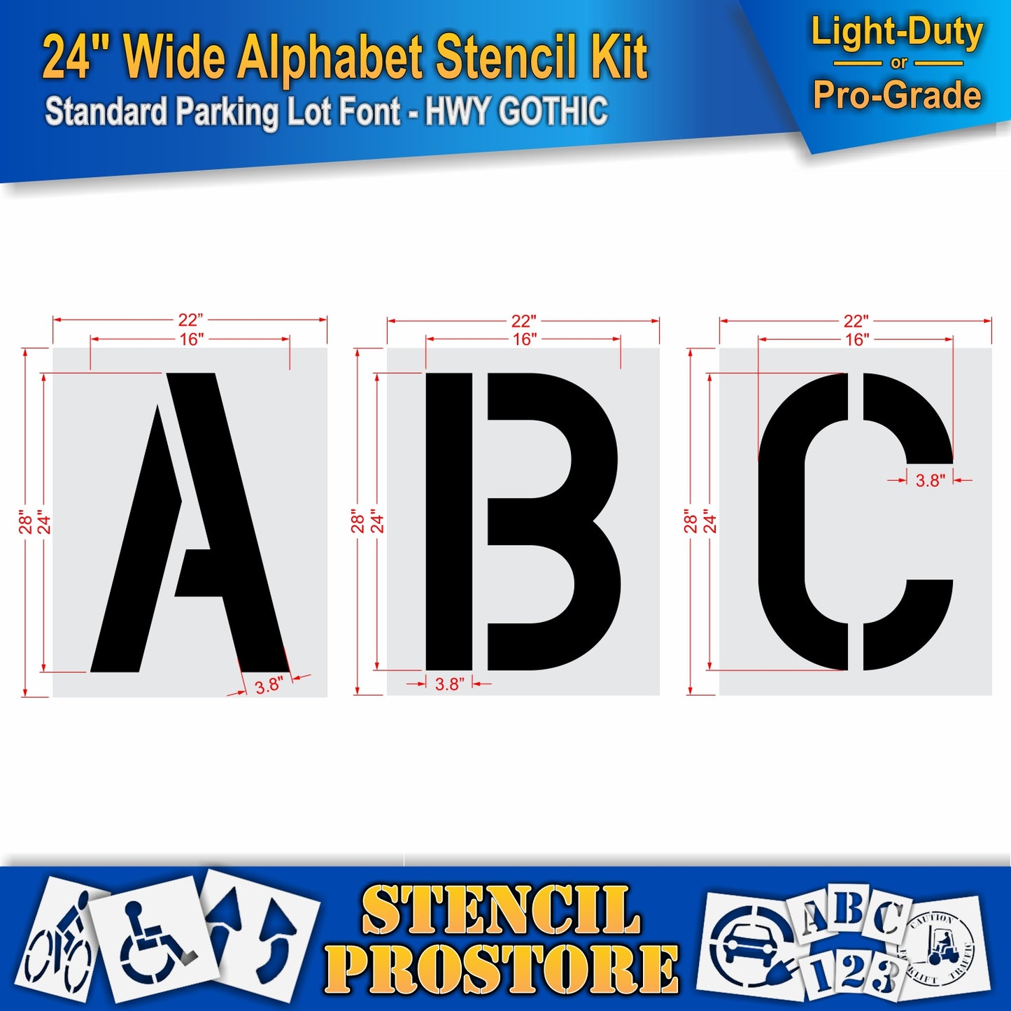 dimension image of 24" wide letters A, B, and C stencils