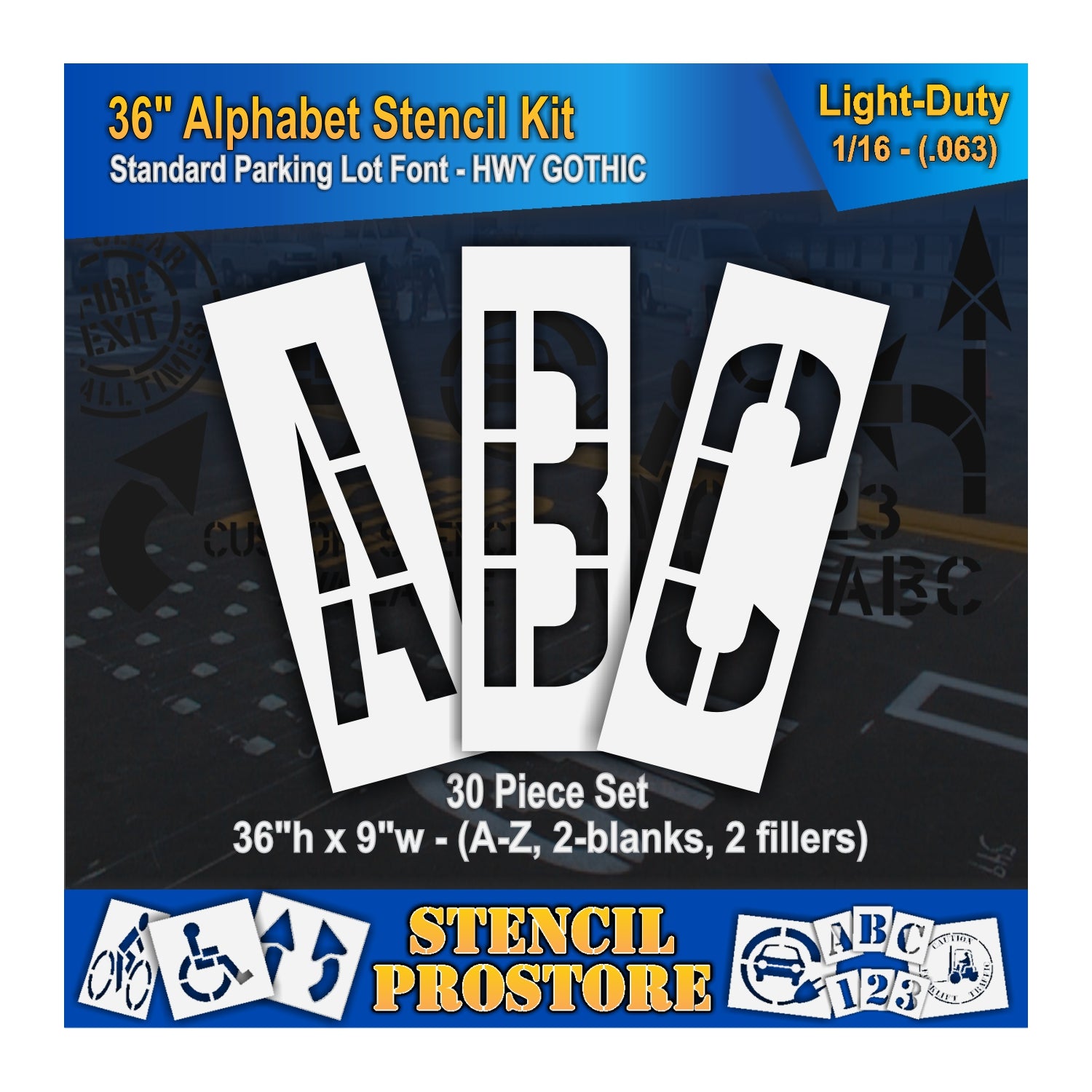graphic image of 36" letters A, B, and C stencils. 0.063 material thickness