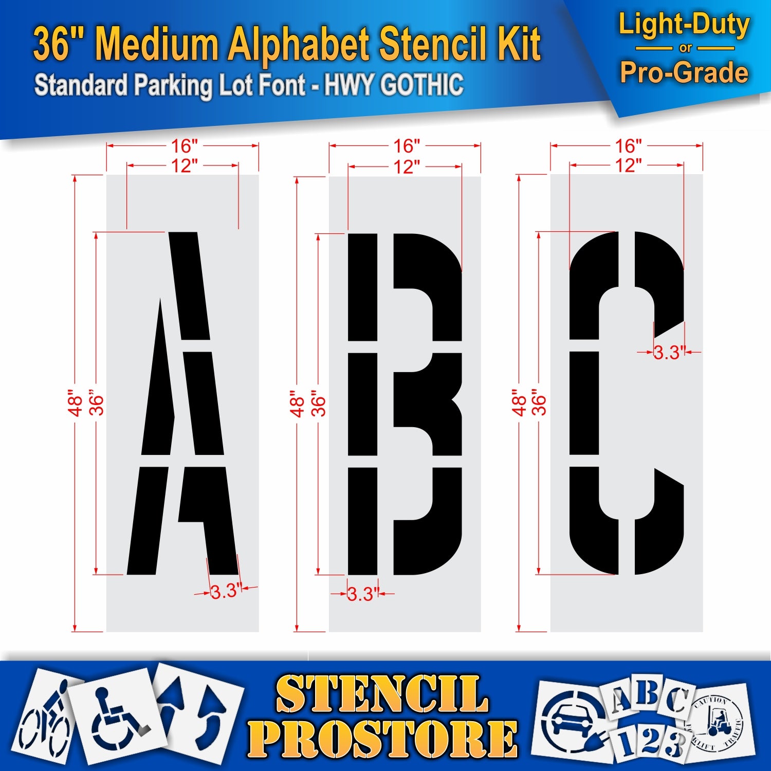 dimension image of 36" medium letters A, B, and C stencils