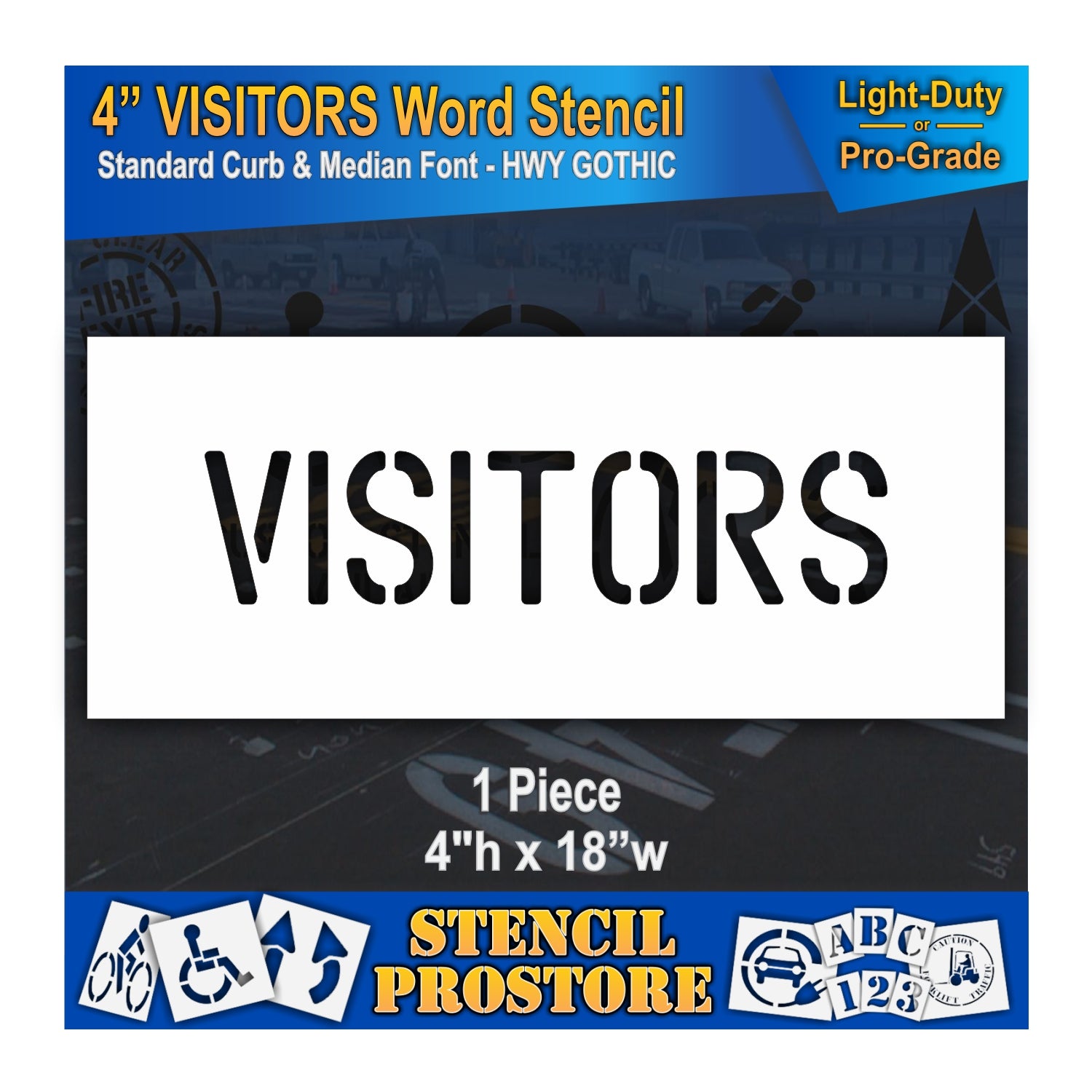 4-inch 'VISITORS' word stencil with packaging from Stencil Pro Store.