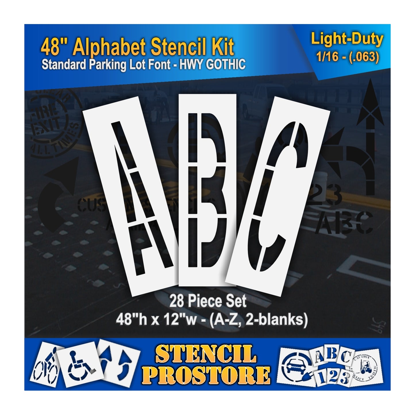 graphic image of 48" letters ABC stencils. 0.063" material thickness