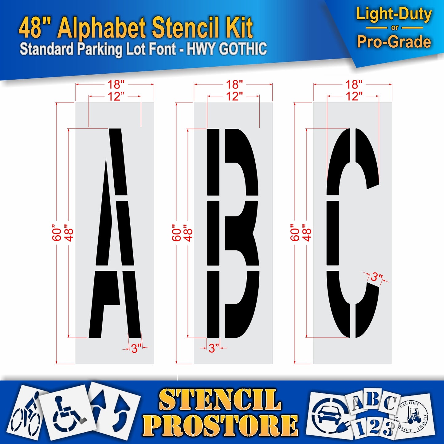dimension image of 48" letters ABC stencils