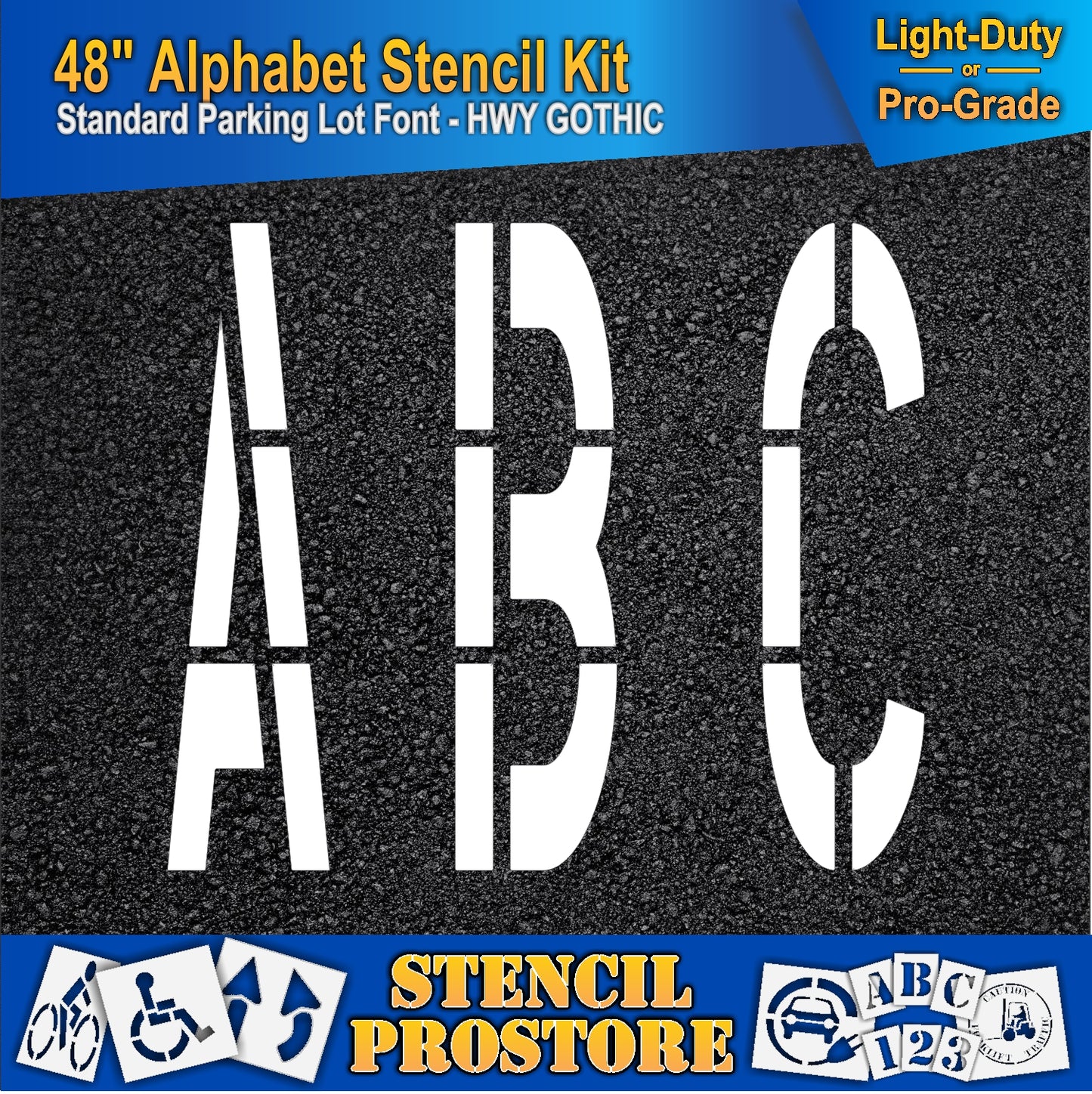 picture of 48" ABC marking on asphalt pavement, using the 48" alphabet kit stencil