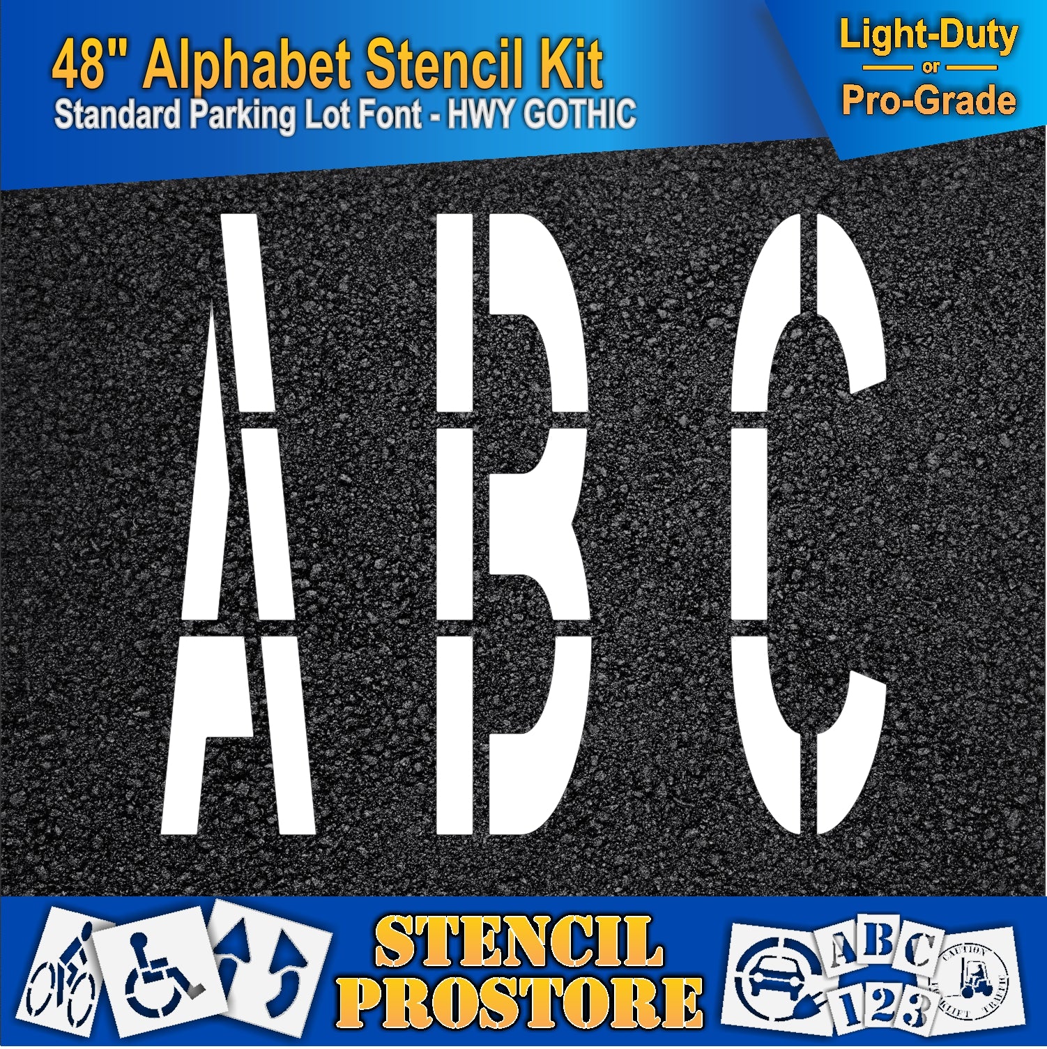picture of 48" ABC marking on asphalt pavement, using the 48" alphabet kit stencil