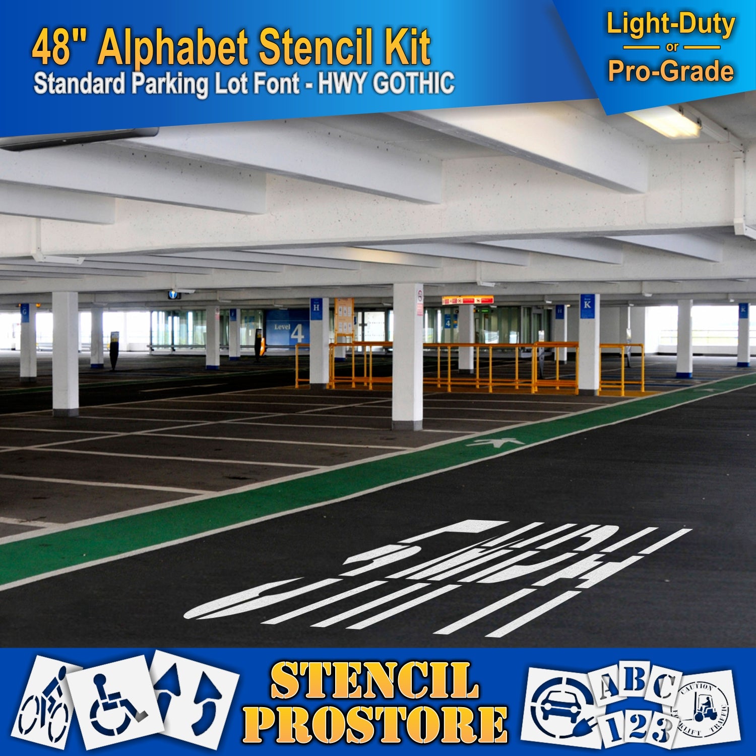 picture of indoor parking lot with 5MPG marking using 48" alphabet kit stencil