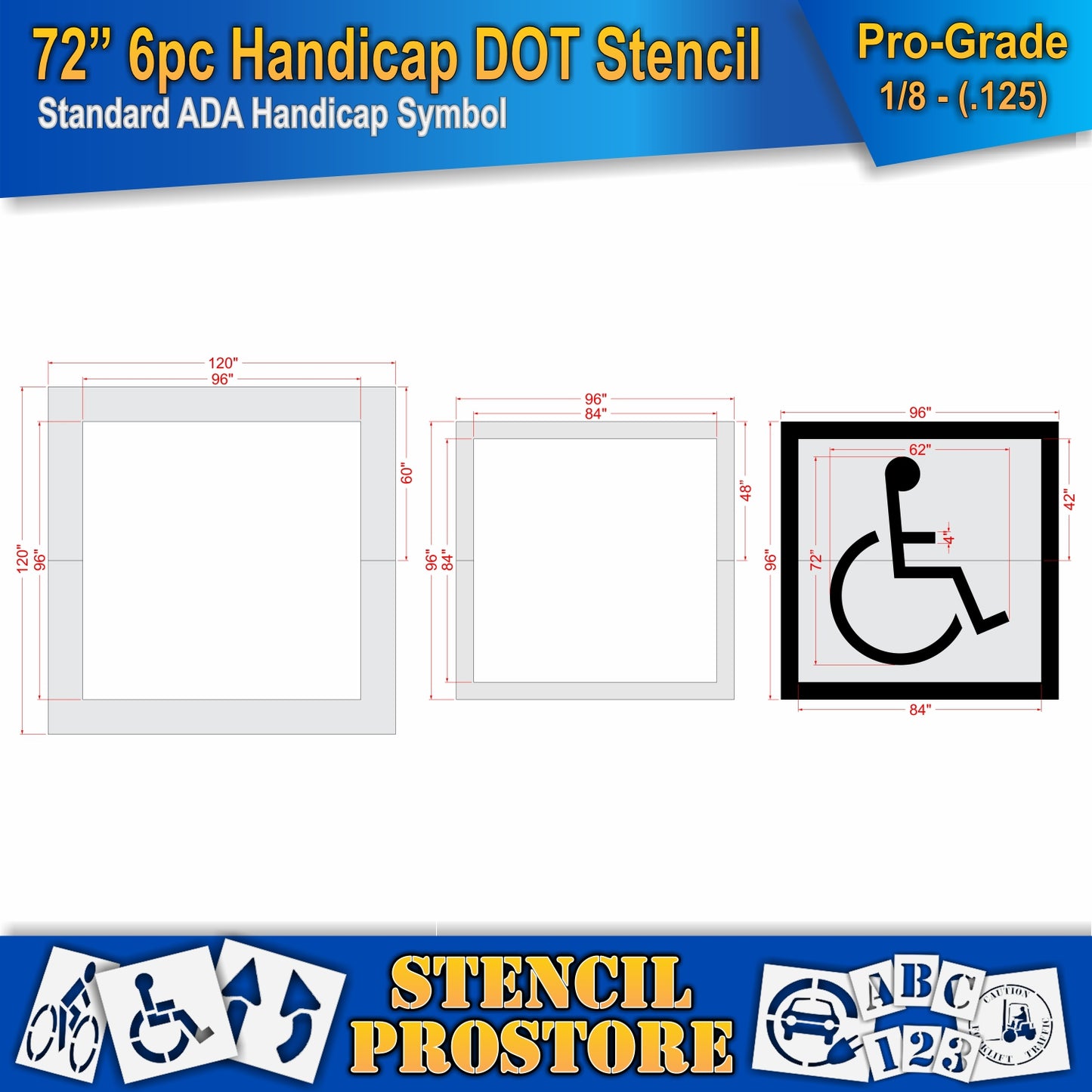 72 Inch 6pc Handicap Pavement Stencil – ADA-Compliant Stencil for Parking Lots