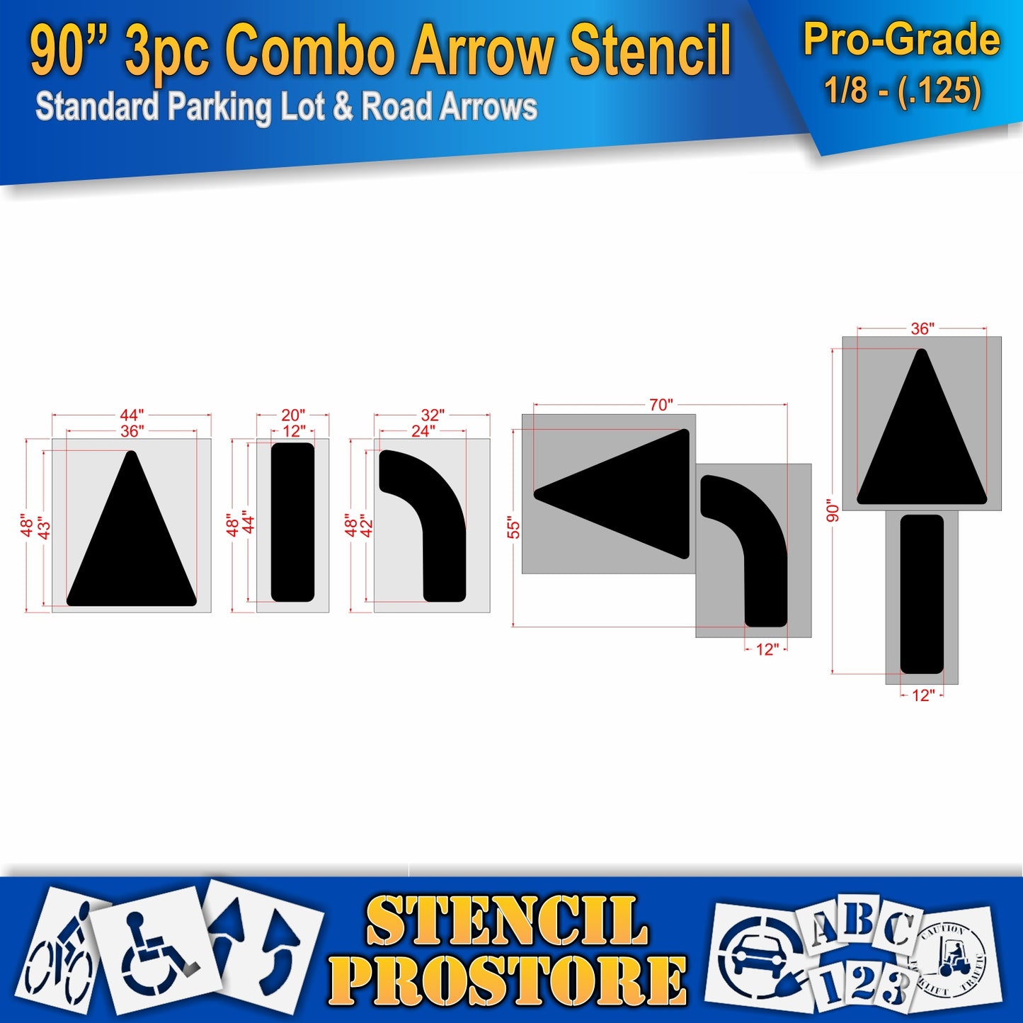 90 Inch 3pc Combo Arrow Stencil – Parking Lot and Highway Stencil