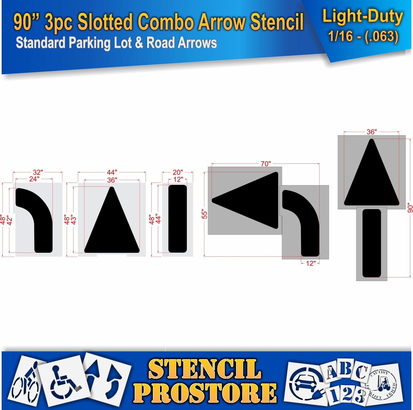 90 Inch 3pc Slotted Combo Arrow Stencil – Parking Lot and Highway Stencil