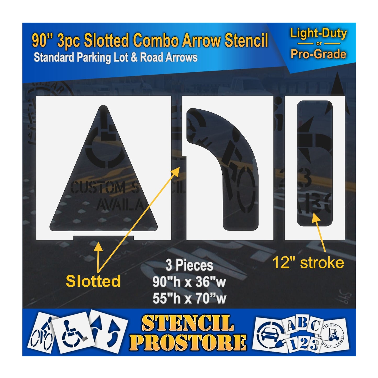 90 Inch 3pc Slotted Combo Arrow Stencil – Parking Lot and Highway Stencil