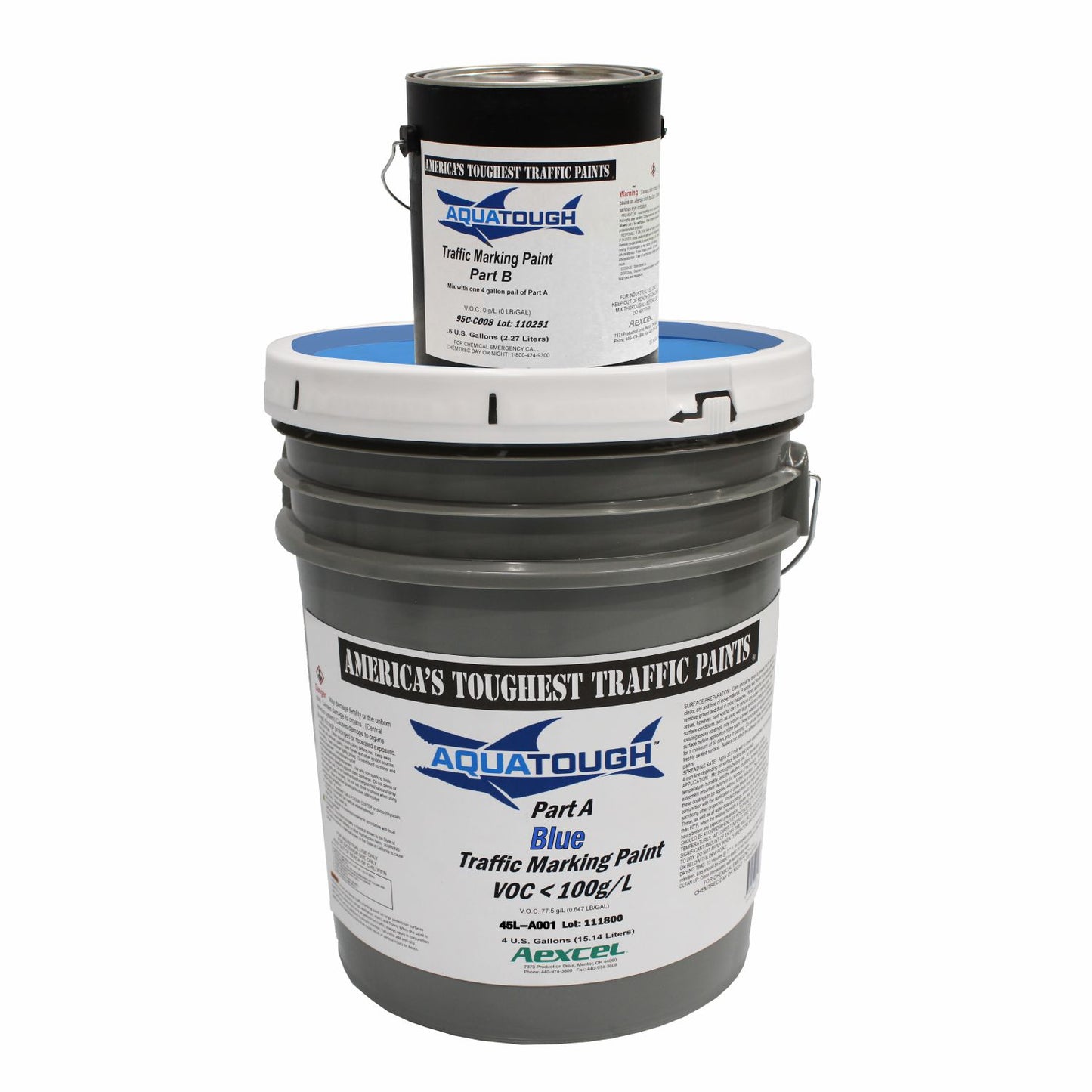 Aquatough Blue 2-component traffic marking paint kit featuring a 4-gallon Part A blue paint pail and 0.6-gallon Part B activator for durable pavement and accessibility markings.