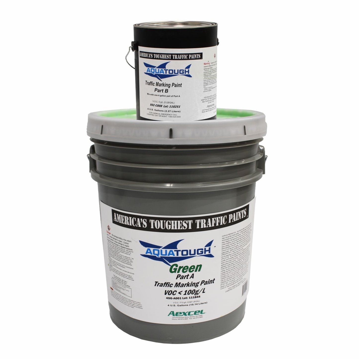 Aquatough Green 2-component traffic marking paint kit featuring a 4-gallon Part A pail and 0.6-gallon Part B activator for durable pavement and traffic markings.