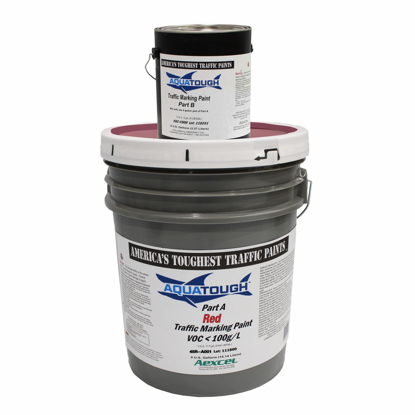 Aquatough Red 2-component traffic marking paint kit featuring a 4-gallon Part A red paint pail and 0.6-gallon Part B activator for durable pavement and safety markings.