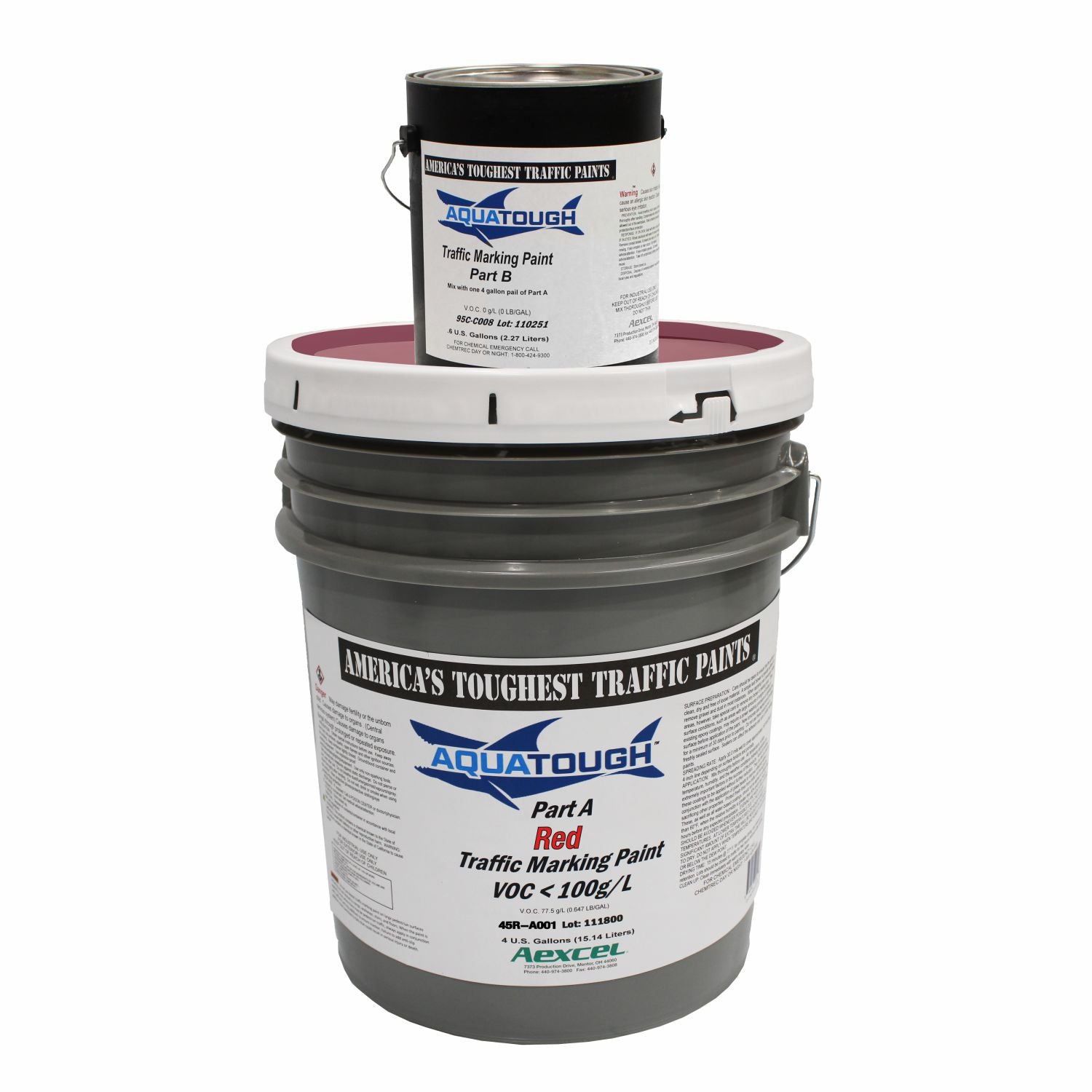 Aquatough Red 2-component traffic marking paint kit featuring a 4-gallon Part A red paint pail and 0.6-gallon Part B activator for durable pavement and safety markings.