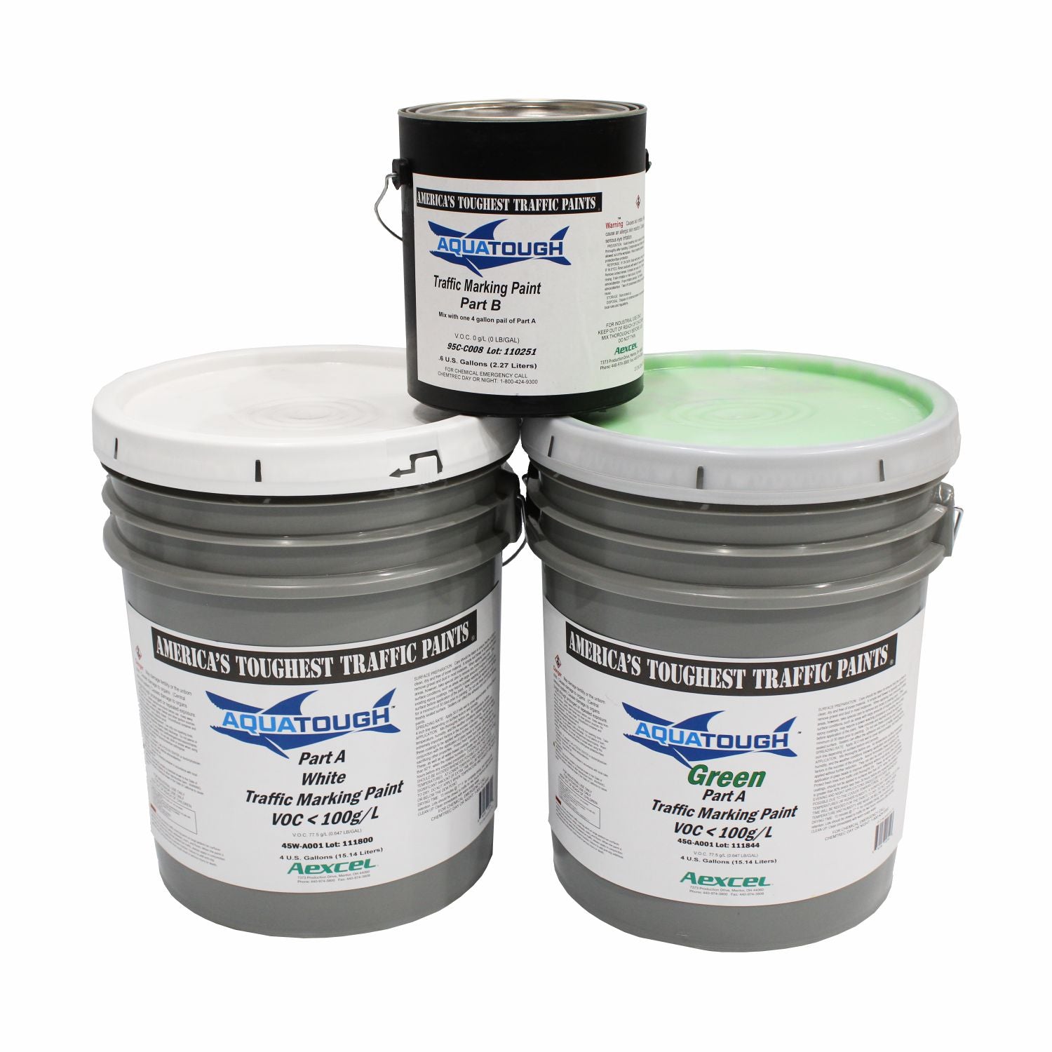 Aexcel AquaTough 2-component white and green waterborne epoxy traffic marking paint set with Part A pail and Part B catalyst can, shown on a white background.