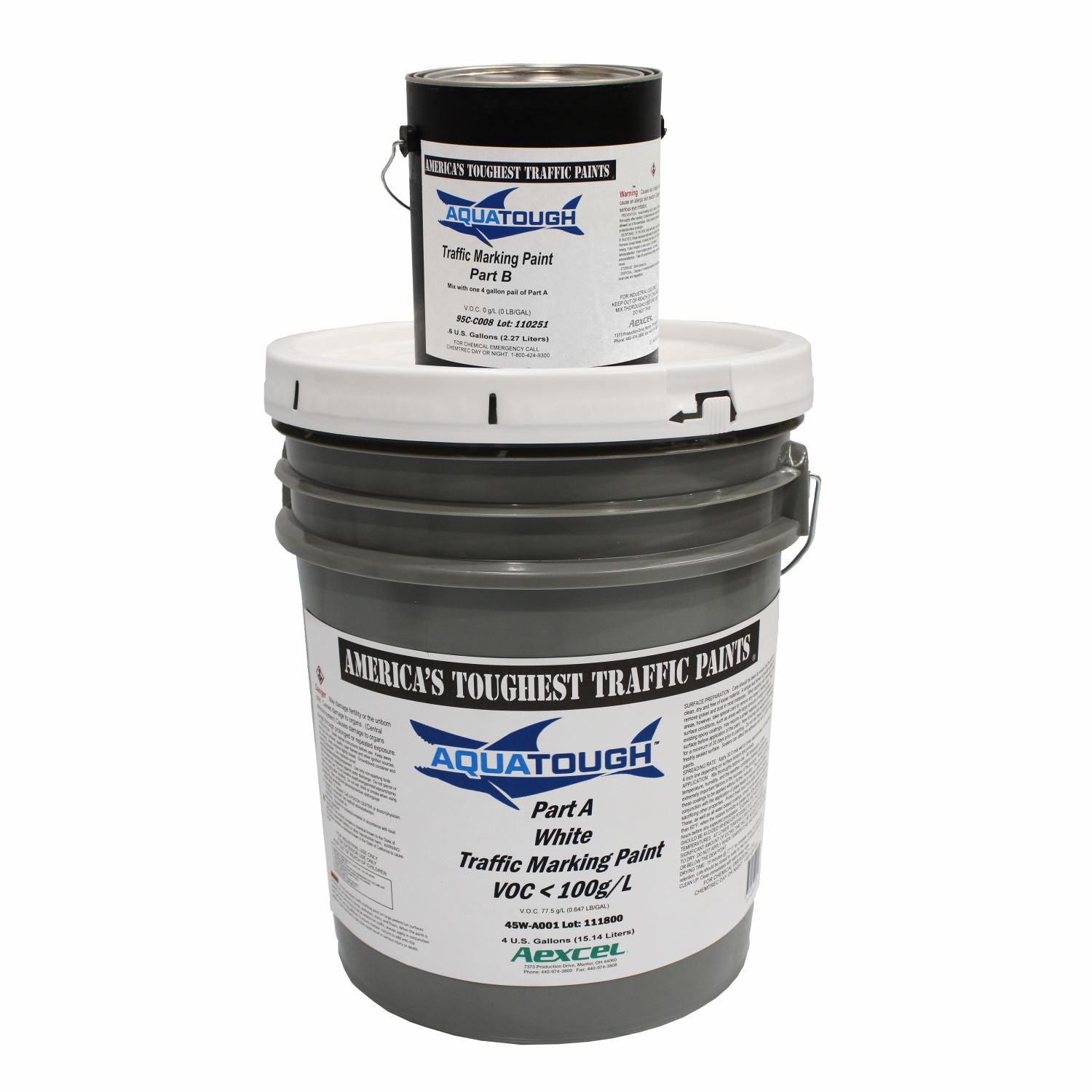 Aquatough White 2-component traffic marking paint kit featuring a 4-gallon Part A white paint pail and 0.6-gallon Part B activator for high-performance pavement markings.