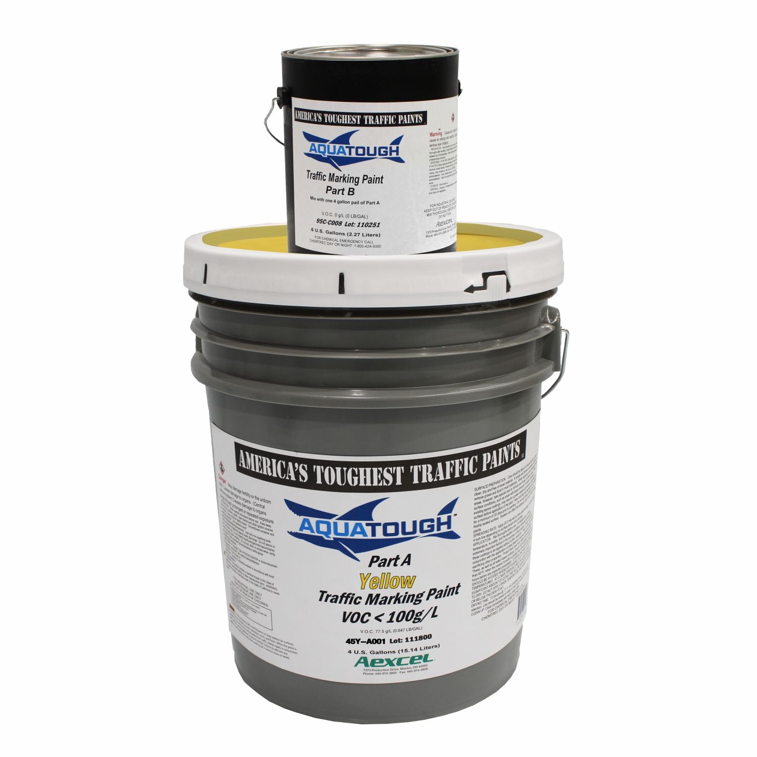Aquatough Yellow 2-component traffic marking paint kit featuring a 4-gallon Part A yellow paint pail and 0.6-gallon Part B activator for durable pavement and roadway markings.
