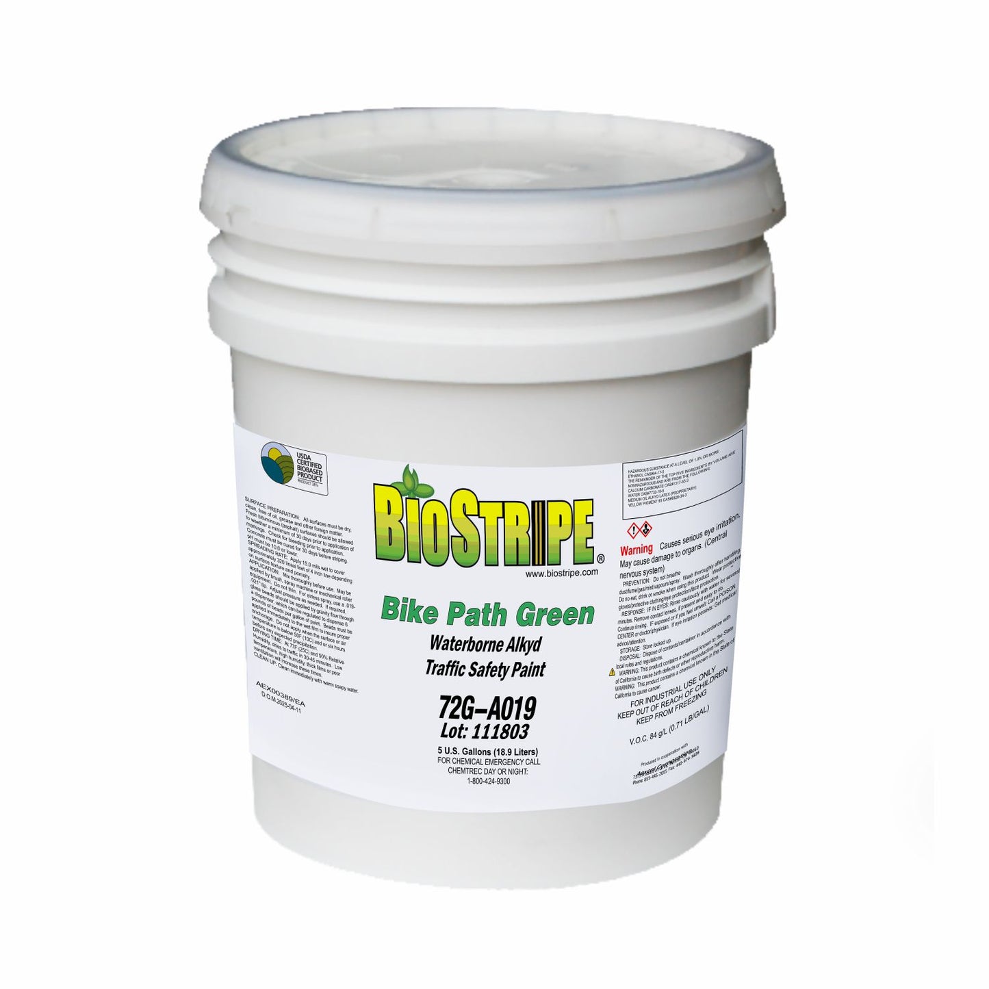 BioStripe Bike Path Green Waterborne Alkyd Traffic Safety Paint in a 5-gallon white pail, designed for durable pavement and traffic marking applications.